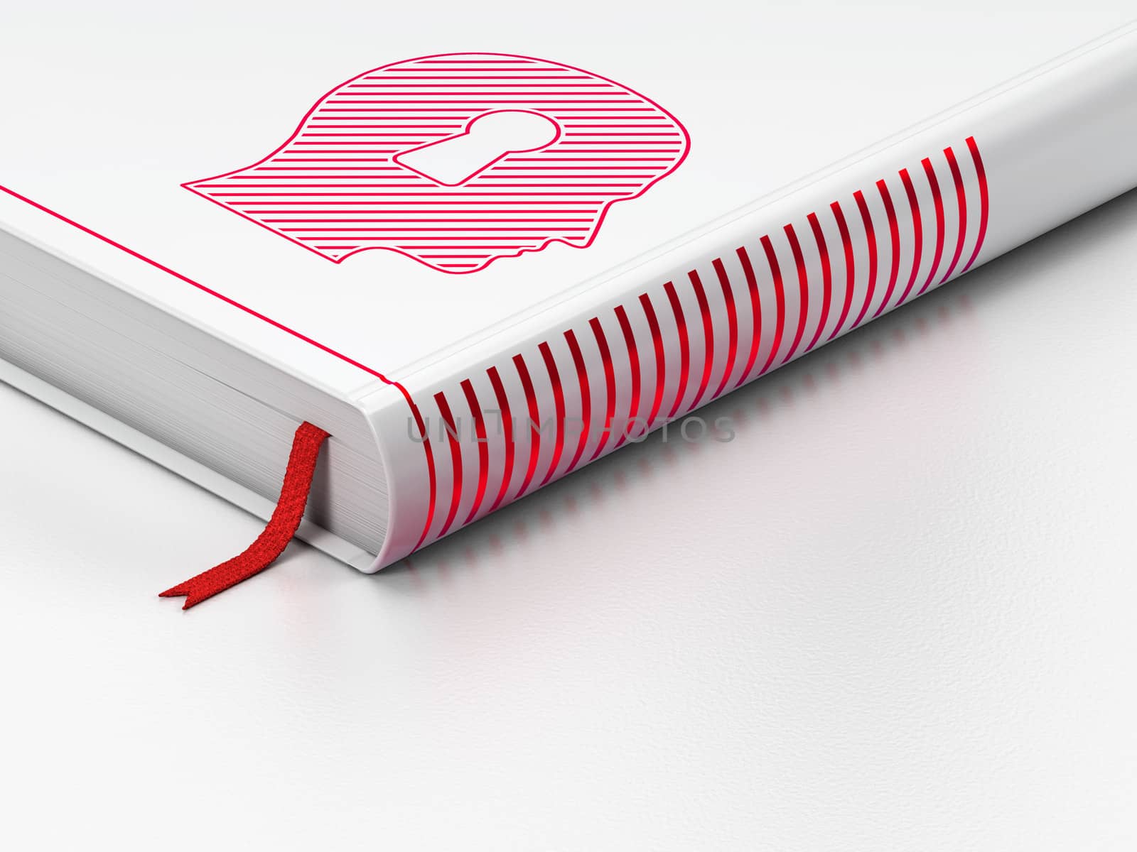 Safety concept: closed book with Red Head With Keyhole icon on floor, white background, 3d render