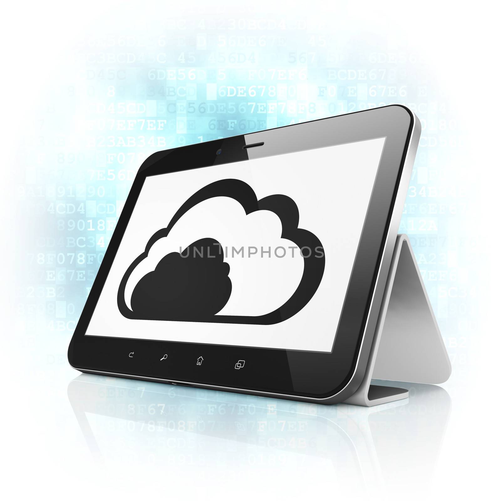 Cloud computing concept: black tablet pc computer with Cloud icon on display. Modern portable touch pad on Blue Digital background, 3d render