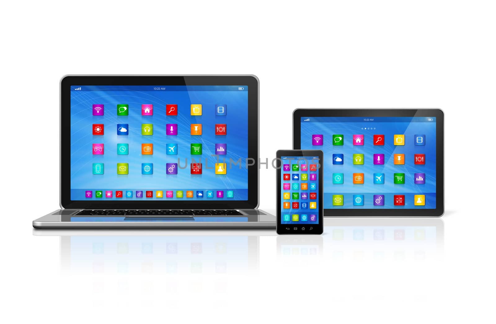 3D Smartphone, Digital Tablet Computer and Laptop isolated on white with clipping path