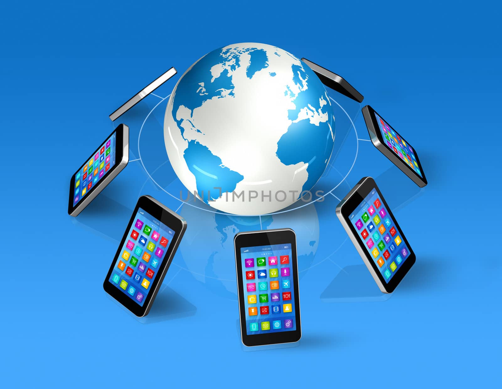 3D Smartphones Around World Globe, isolated on blue - Global Communication Concept