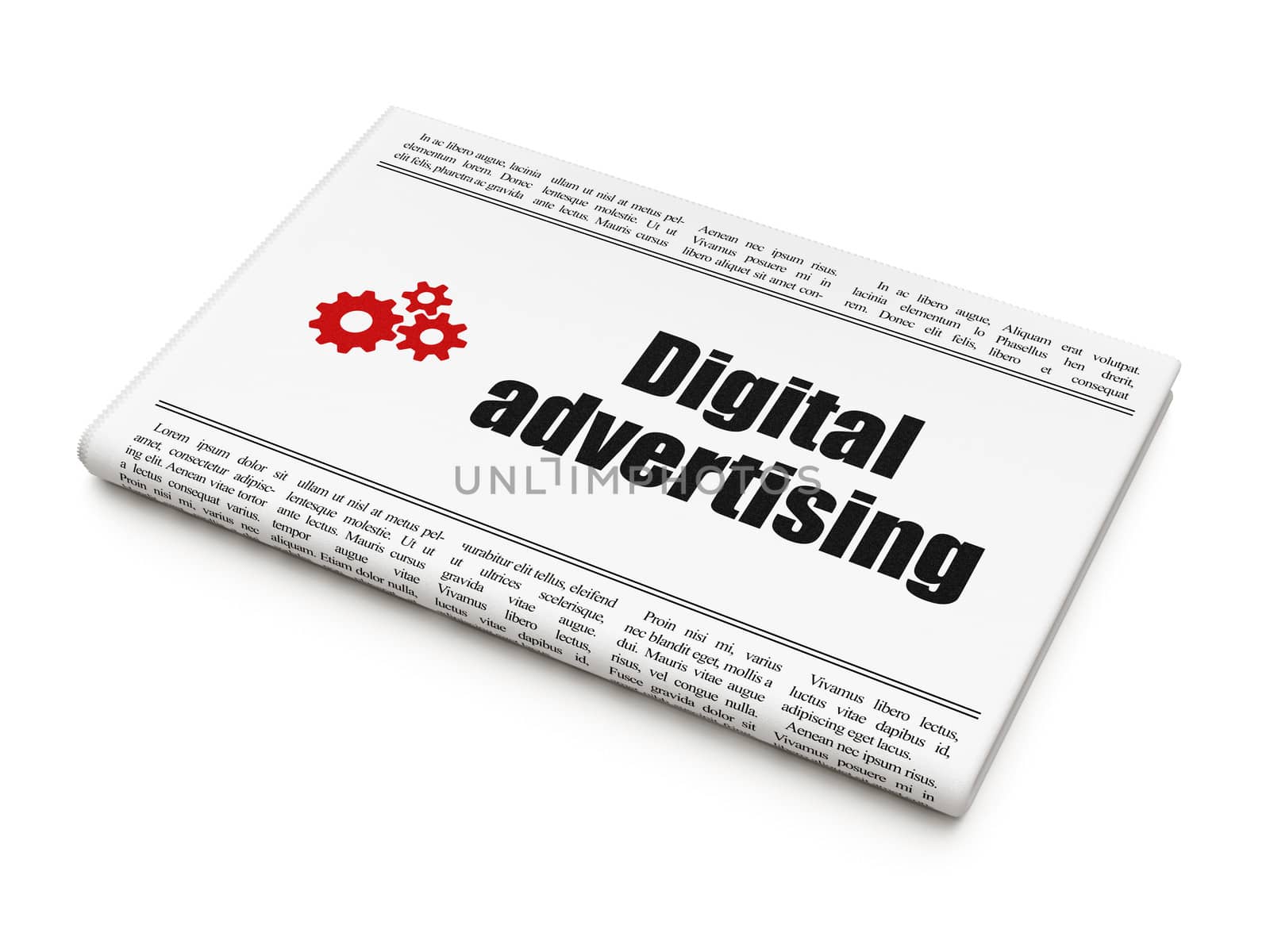 Advertising concept: newspaper headline Digital Advertising and Gears icon on White background, 3d render