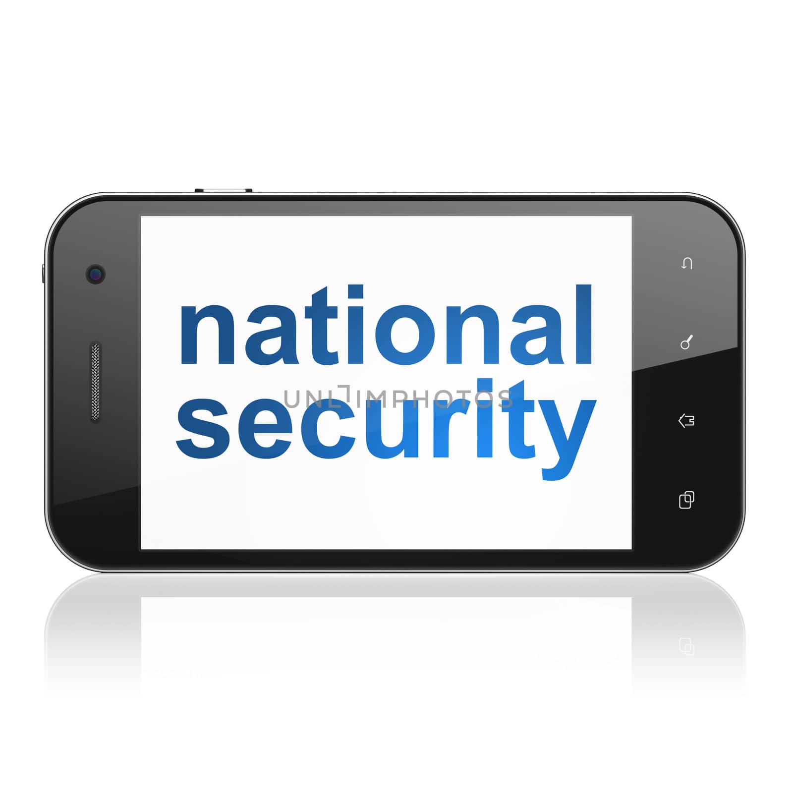 Safety concept: smartphone with text National Security on display. Mobile smart phone on White background, cell phone 3d render