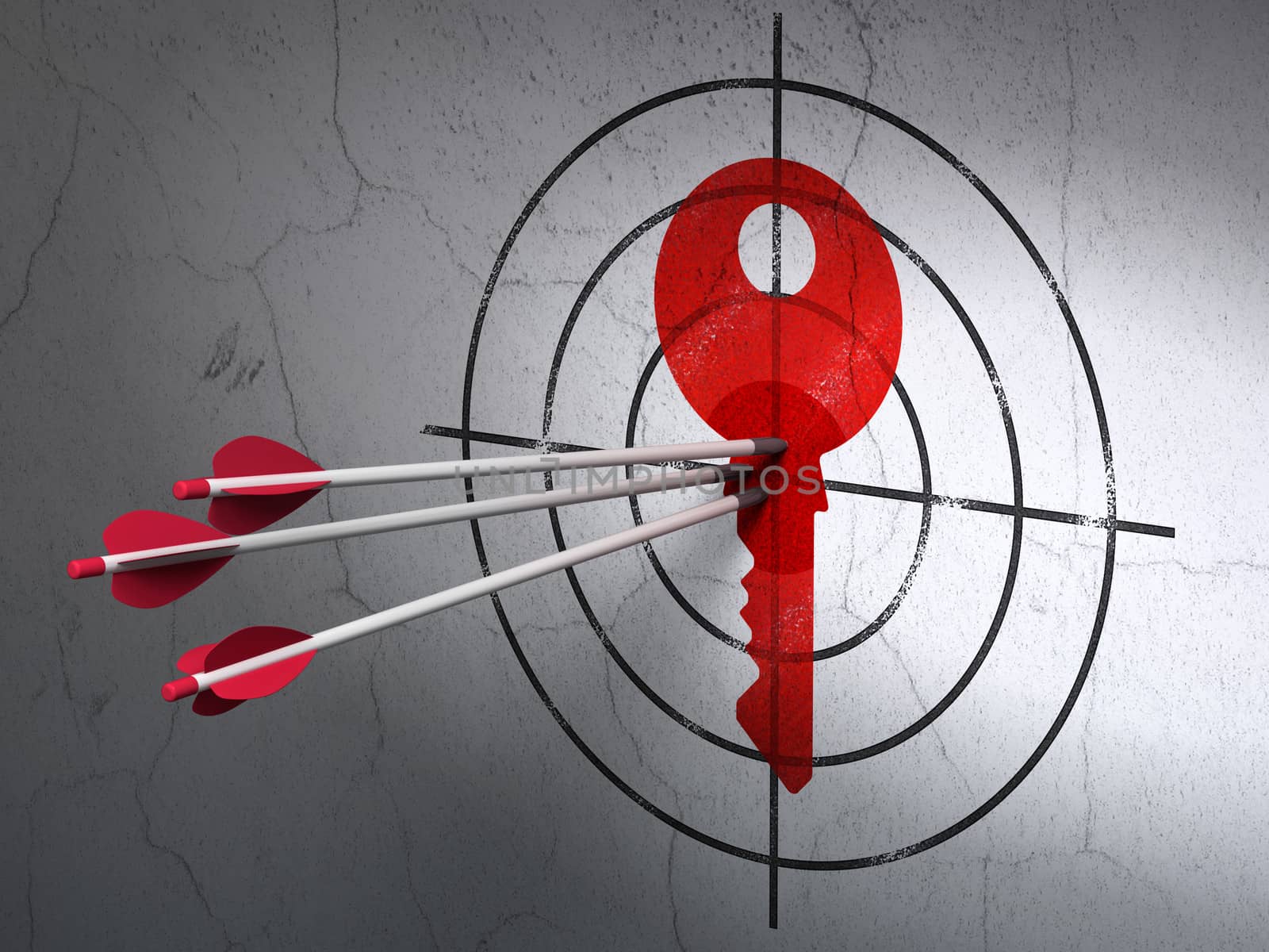 Success protection concept: arrows hitting the center of Red Key target on wall background, 3d render