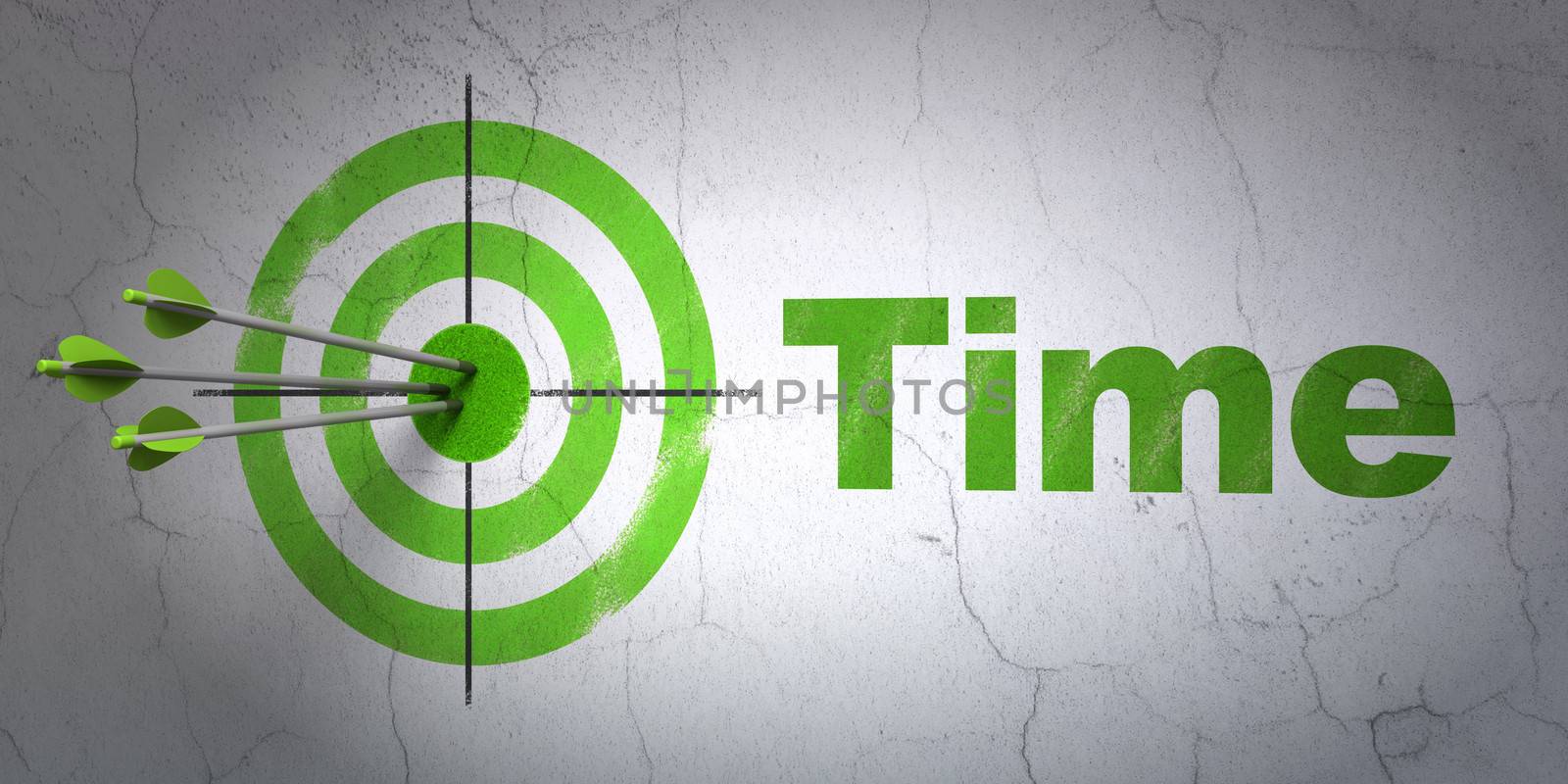 Success timeline concept: arrows hitting the center of target, Green Time on wall background, 3d render