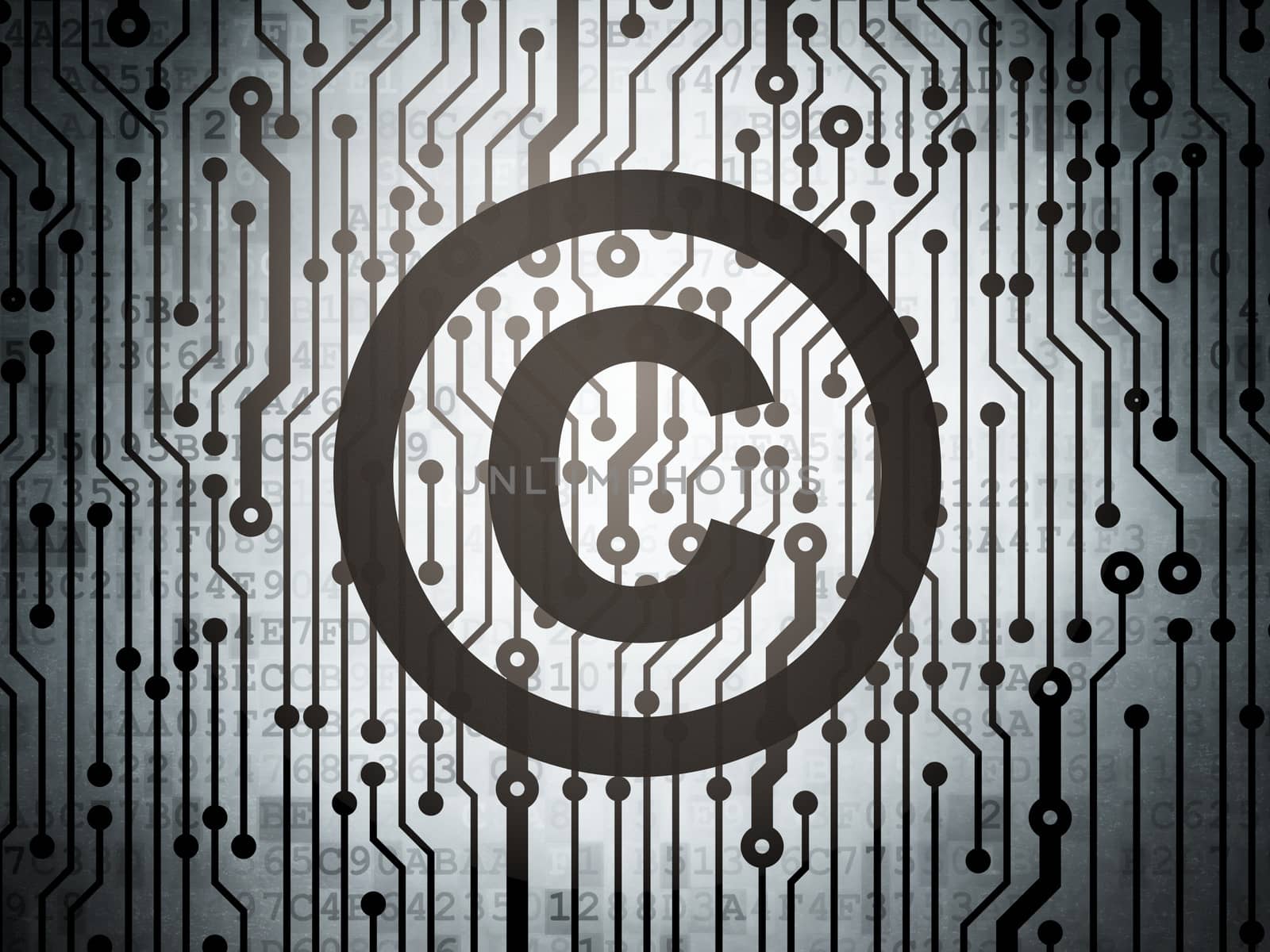 Law concept: circuit board with  Copyright icon, 3d render