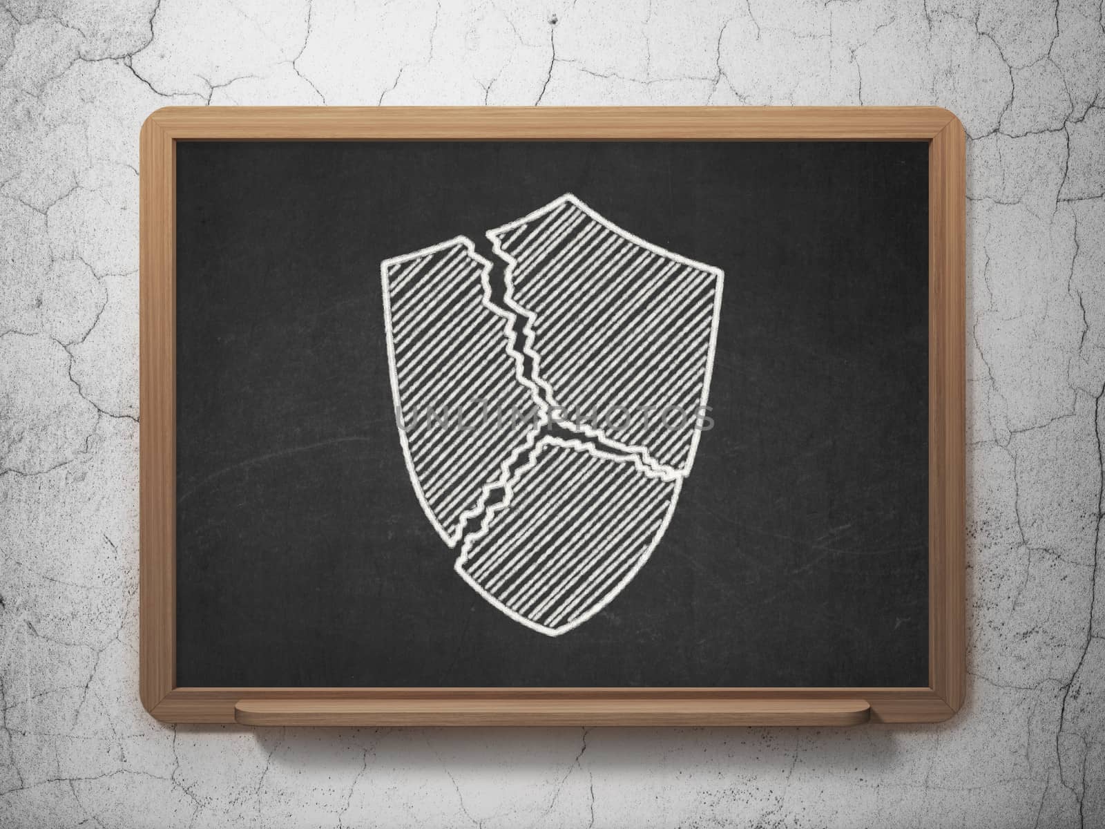 Protection concept: Broken Shield icon on Black chalkboard on grunge wall background, 3d render