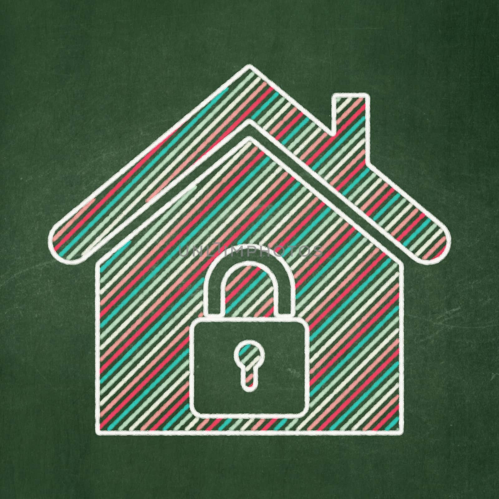 Protection concept: Home icon on Green chalkboard background, 3d render