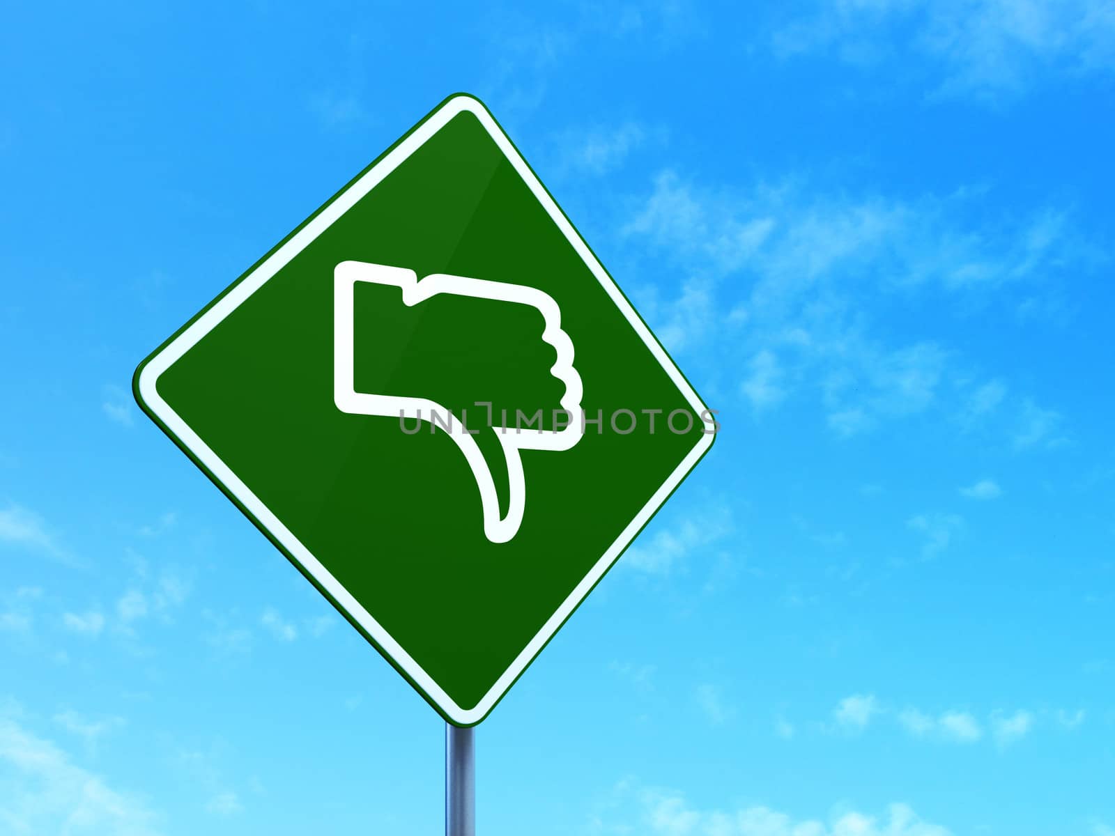 Social network concept: Thumb Down on green road (highway) sign, clear blue sky background, 3d render