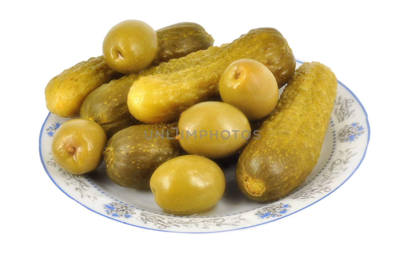 Cucumbers with olives  isolated on white background