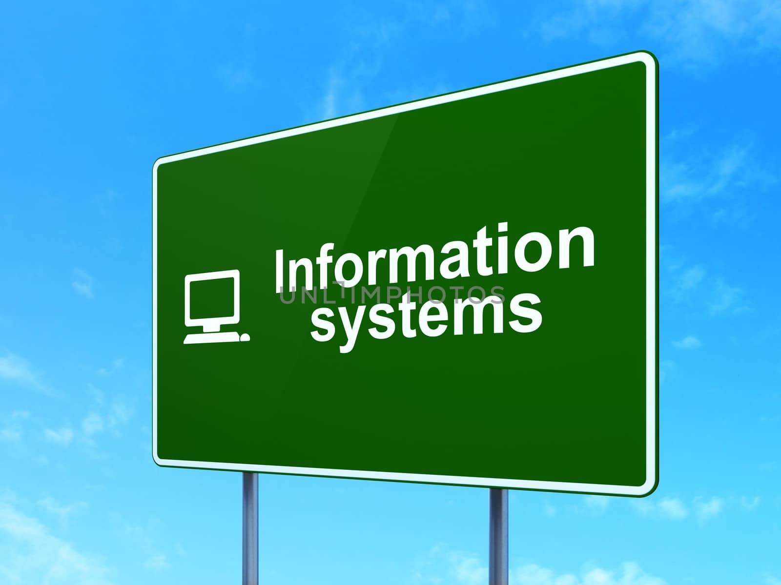 Data concept: Information Systems and Computer Pc icon on green road (highway) sign, clear blue sky background, 3d render