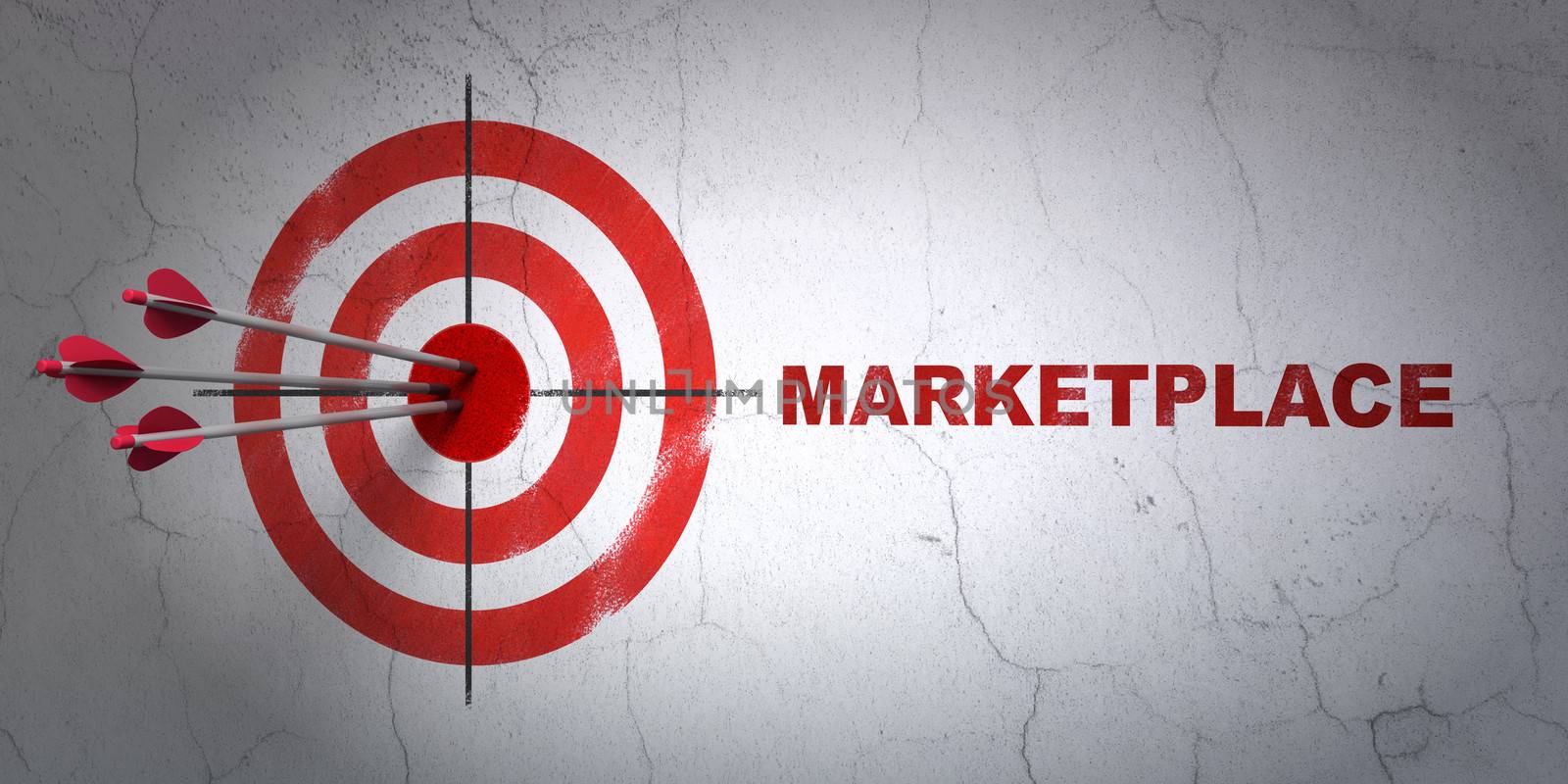 Success advertising concept: arrows hitting the center of target, Red Marketplace on wall background, 3d render