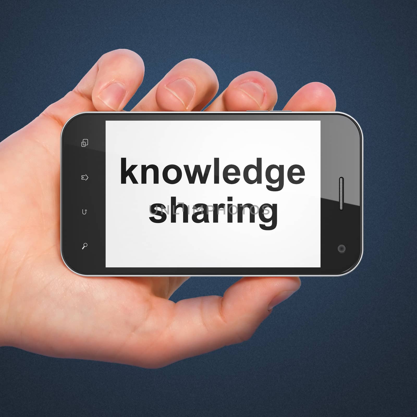 Education concept: hand holding smartphone with word Knowledge Sharing on display. Mobile smart phone on Blue background, 3d render