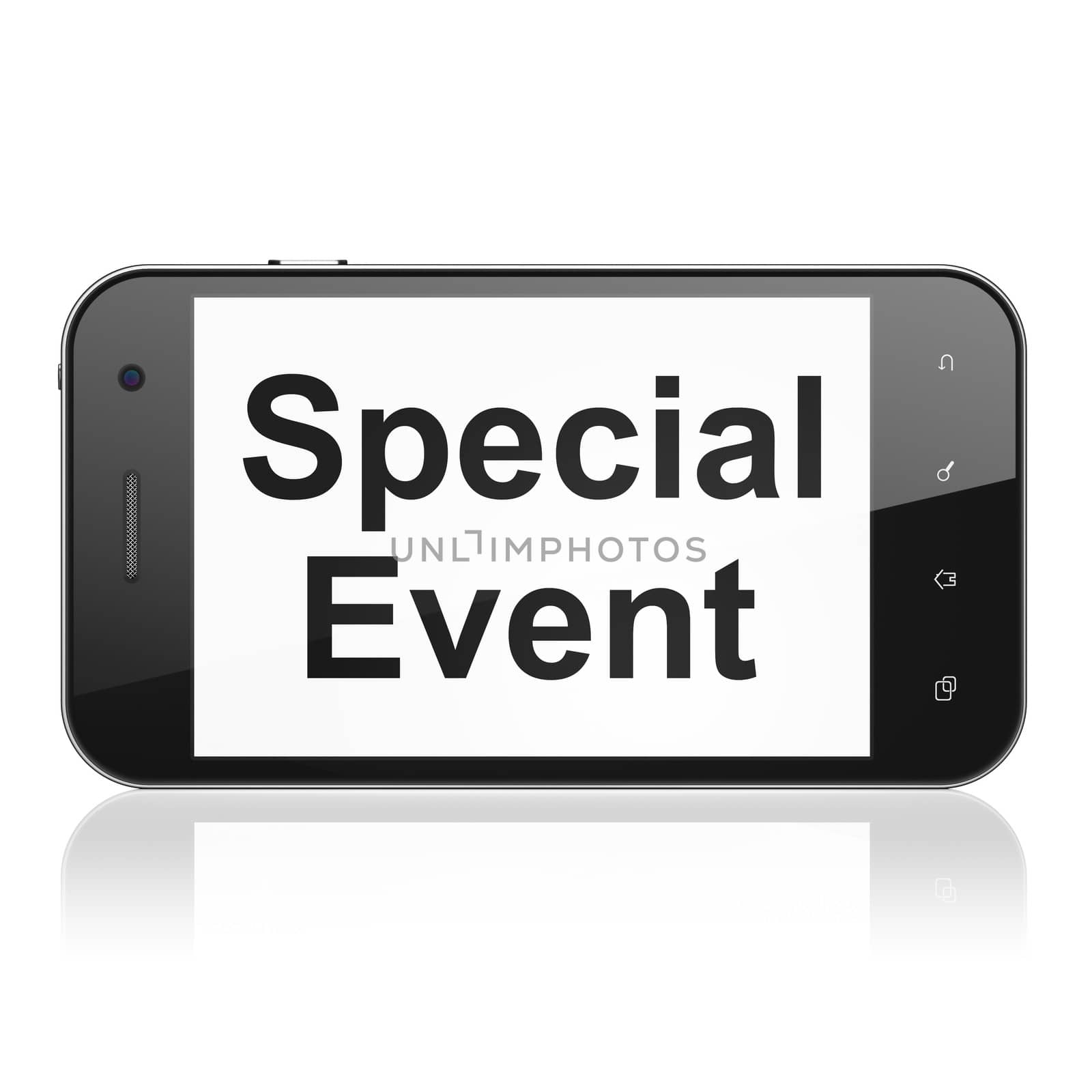 Business concept: smartphone with text Special Event on display. Mobile smart phone on White background, cell phone 3d render