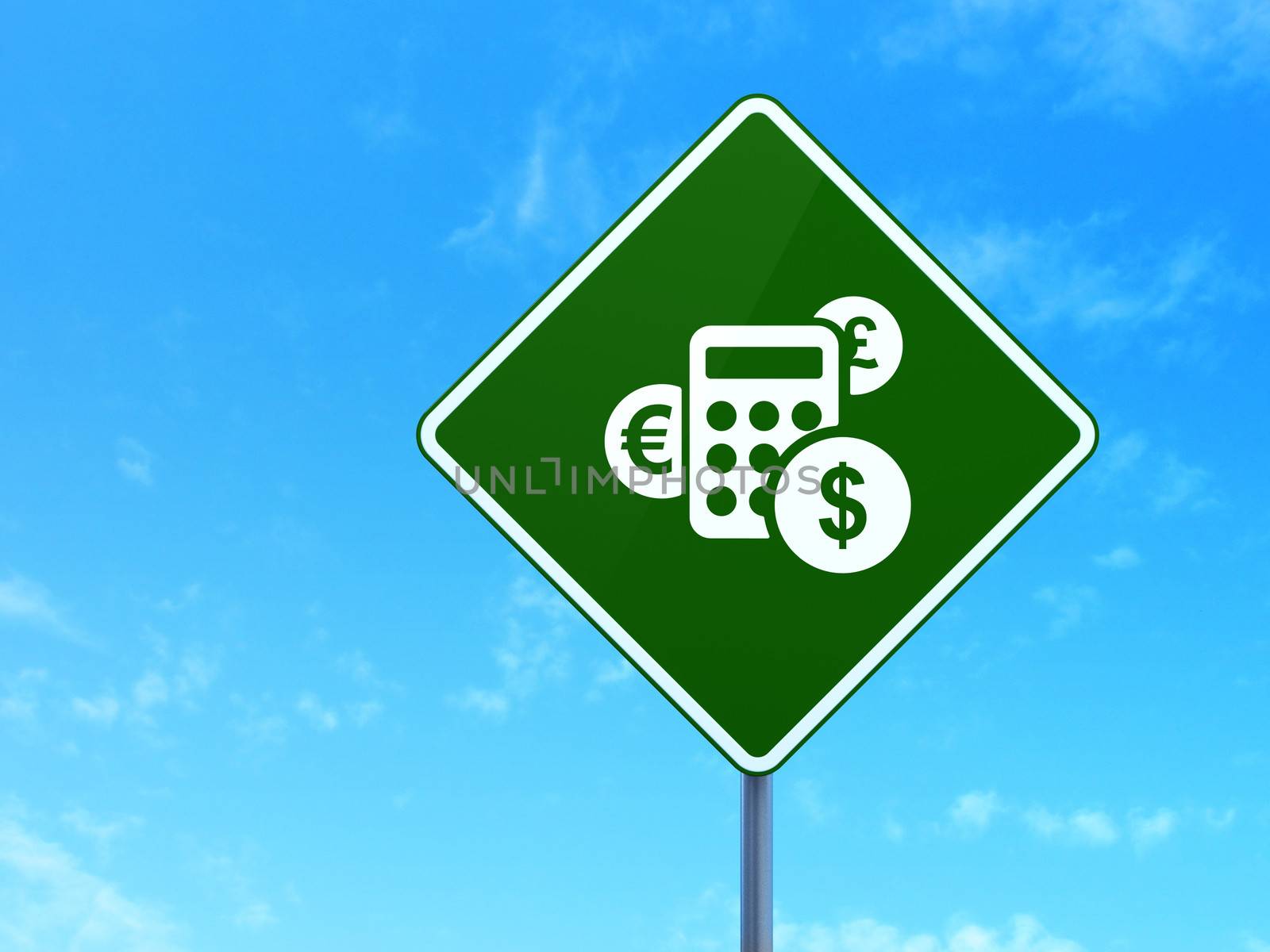 News concept: Calculator on green road (highway) sign, clear blue sky background, 3d render