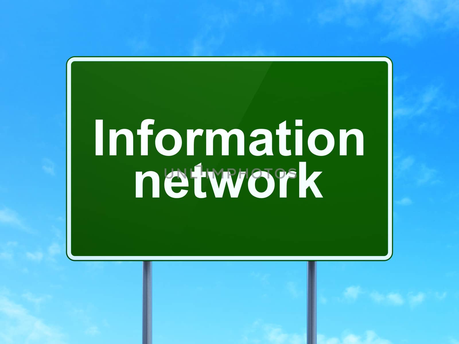Information concept: Information Network on green road (highway) sign, clear blue sky background, 3d render