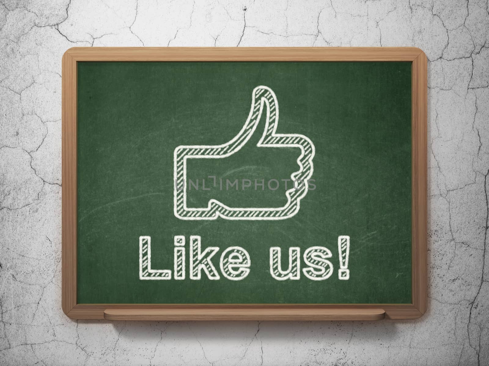 Social media concept: Thumb Up icon and text Like us! on Green chalkboard on grunge wall background, 3d render