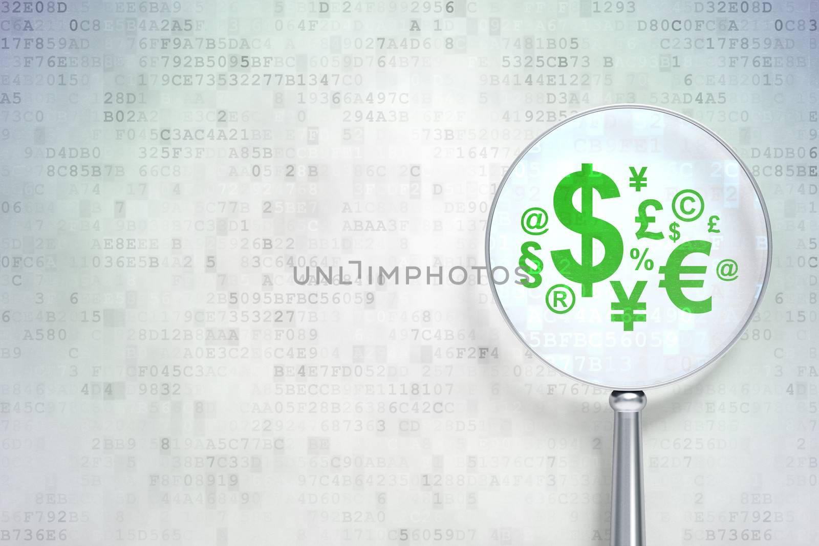 News concept: magnifying optical glass with Finance Symbol icon on digital background, empty copyspace for card, text, advertising, 3d render