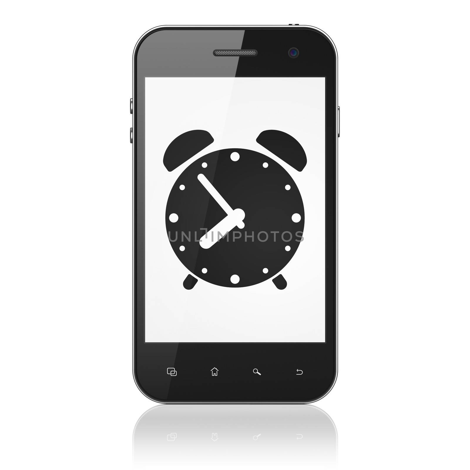 Time concept: smartphone with Alarm Clock icon on display. Mobile smart phone on White background, cell phone 3d render