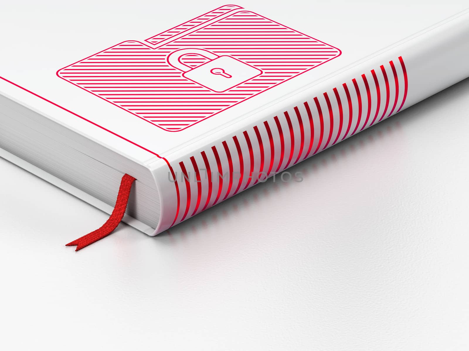Business concept: closed book with Red Folder With Lock icon on floor, white background, 3d render