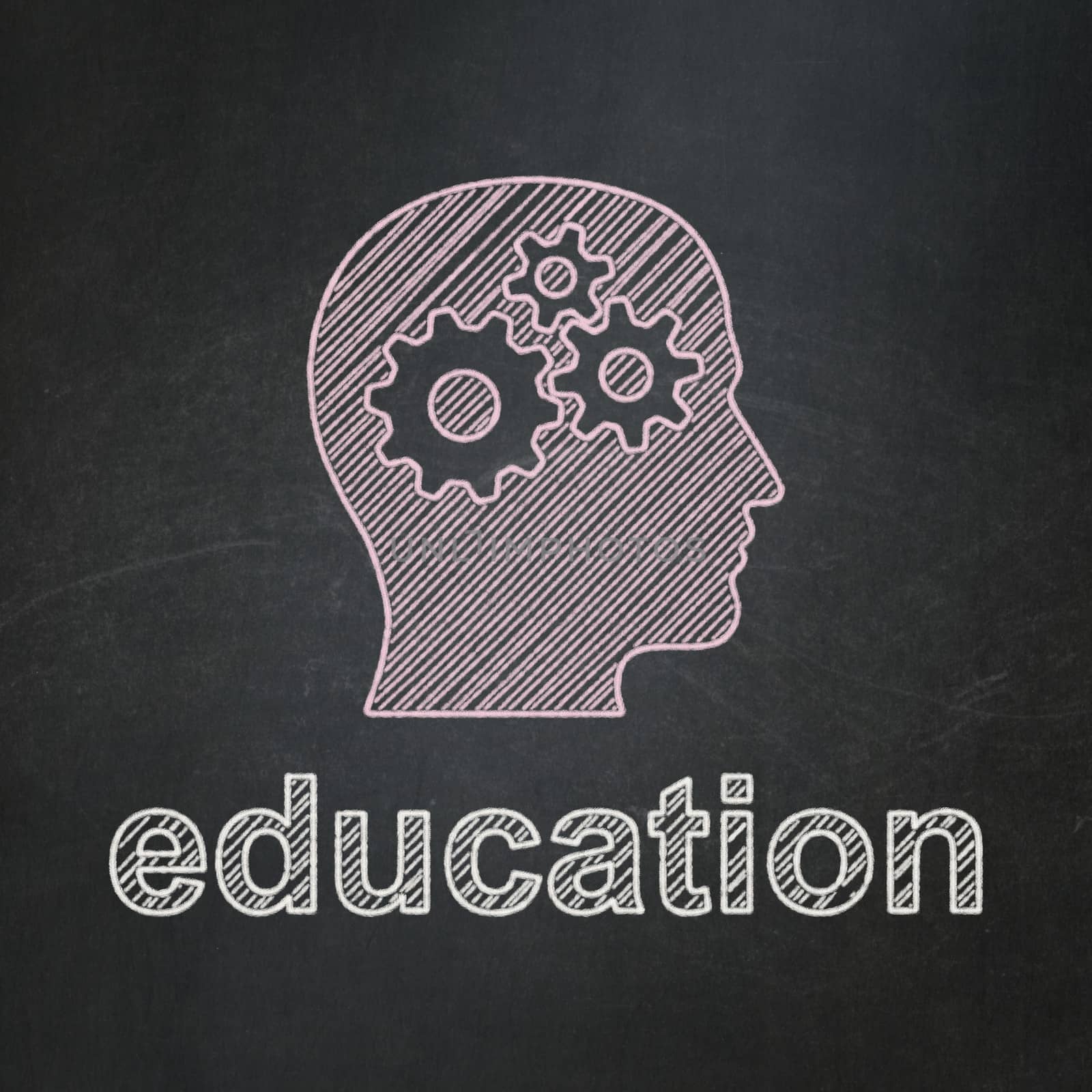 Education concept: Head With Gears icon and text Education on Black chalkboard background, 3d render