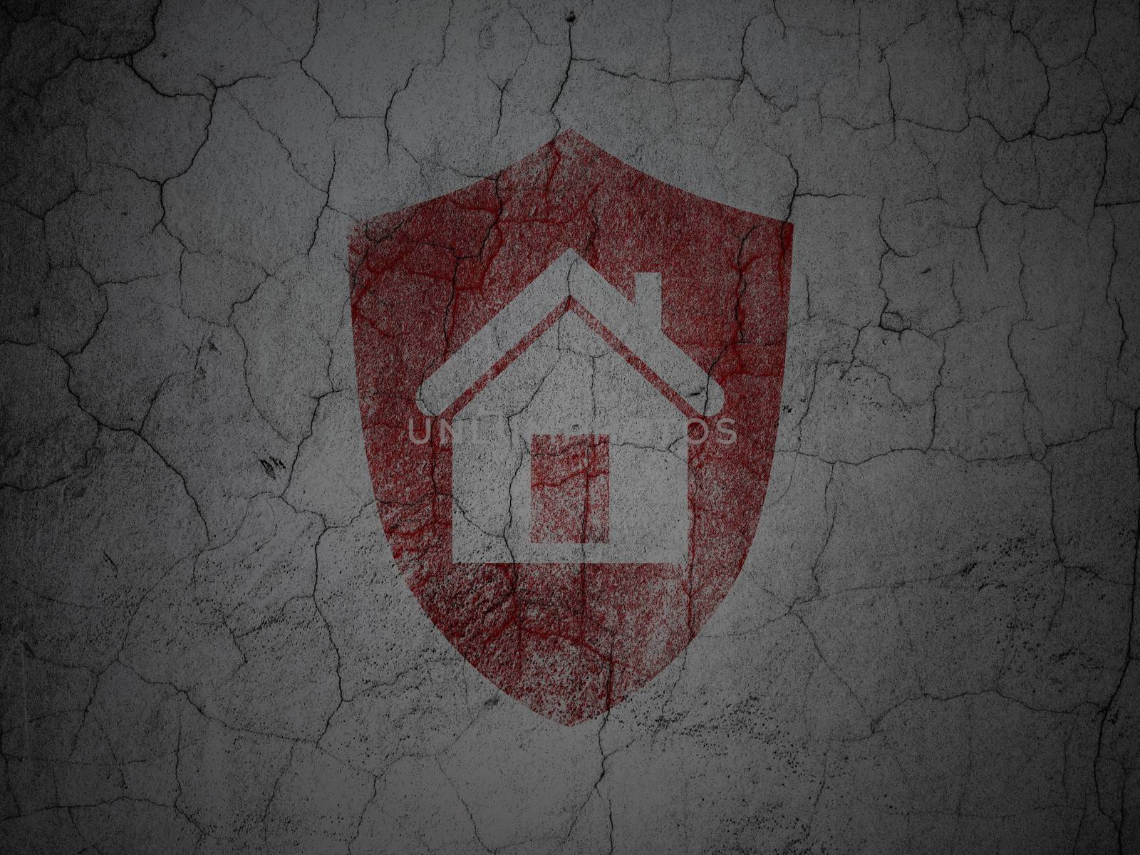 Safety concept: Red Shield on grunge textured concrete wall background, 3d render