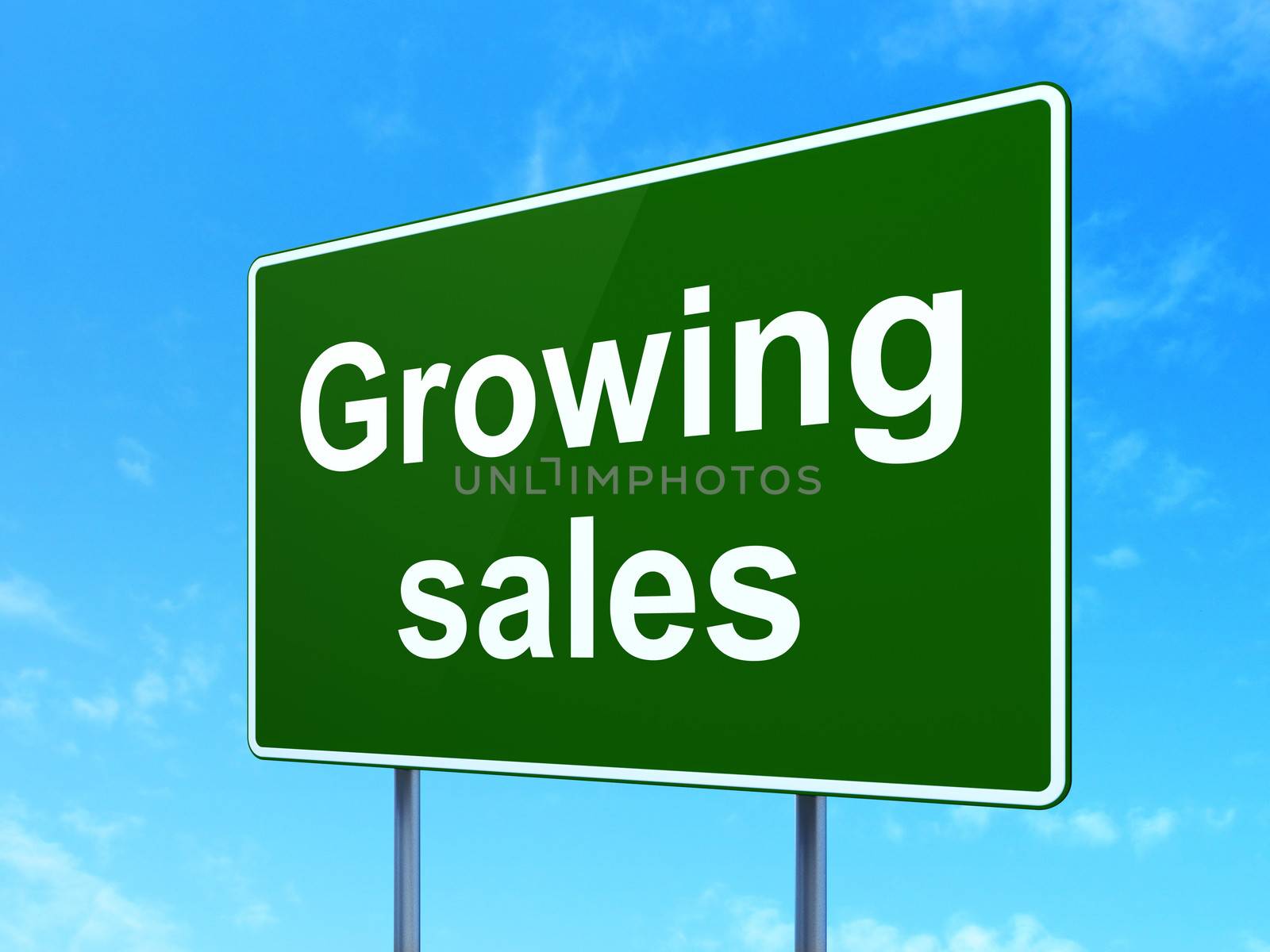 Finance concept: Growing Sales on green road (highway) sign, clear blue sky background, 3d render