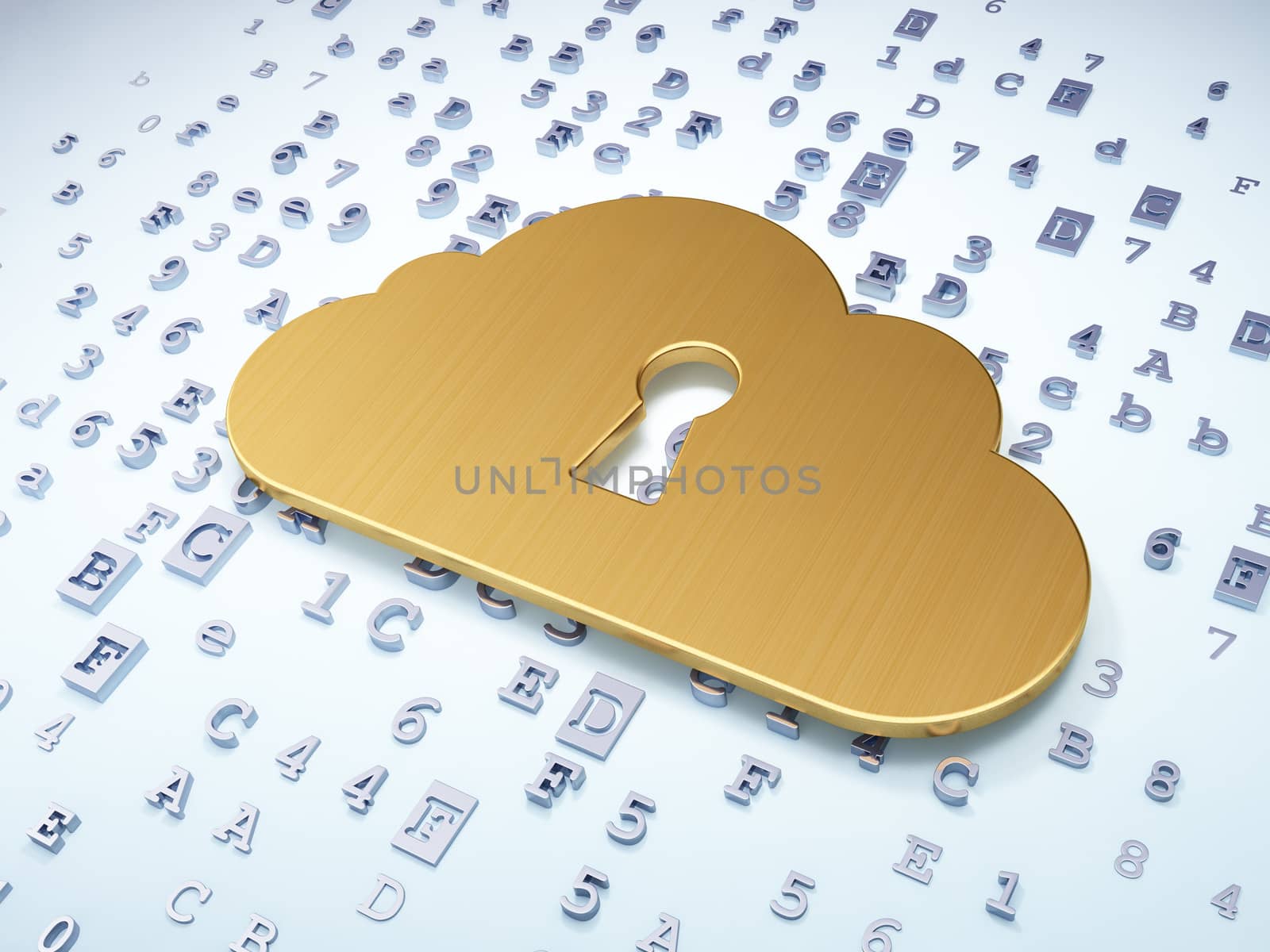 Cloud networking concept: Golden Cloud With Keyhole on digital background, 3d render