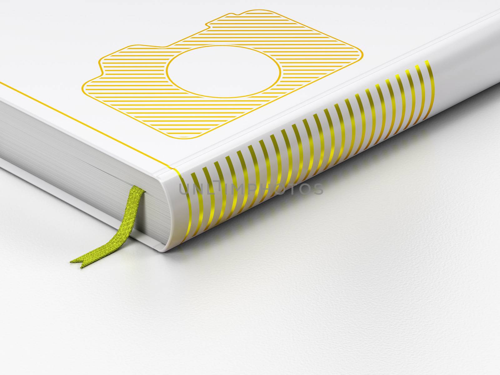 Tourism concept: closed book with Gold Photo Camera icon on floor, white background, 3d render