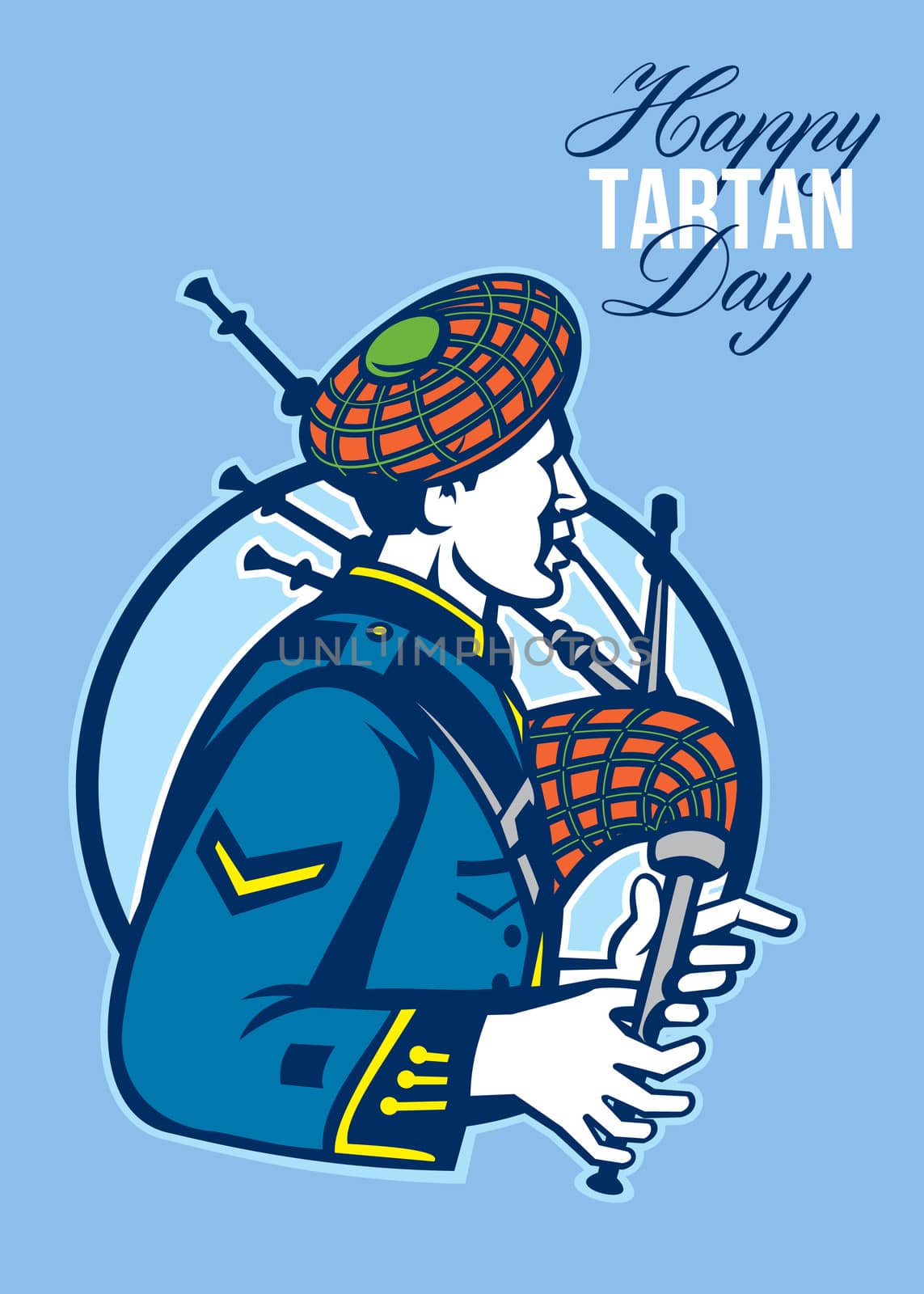 Greeting card poster showing illustration of a scotsman bagpiper playing bagpipes viewed from side set inside circle with words Happy Tartan Day.