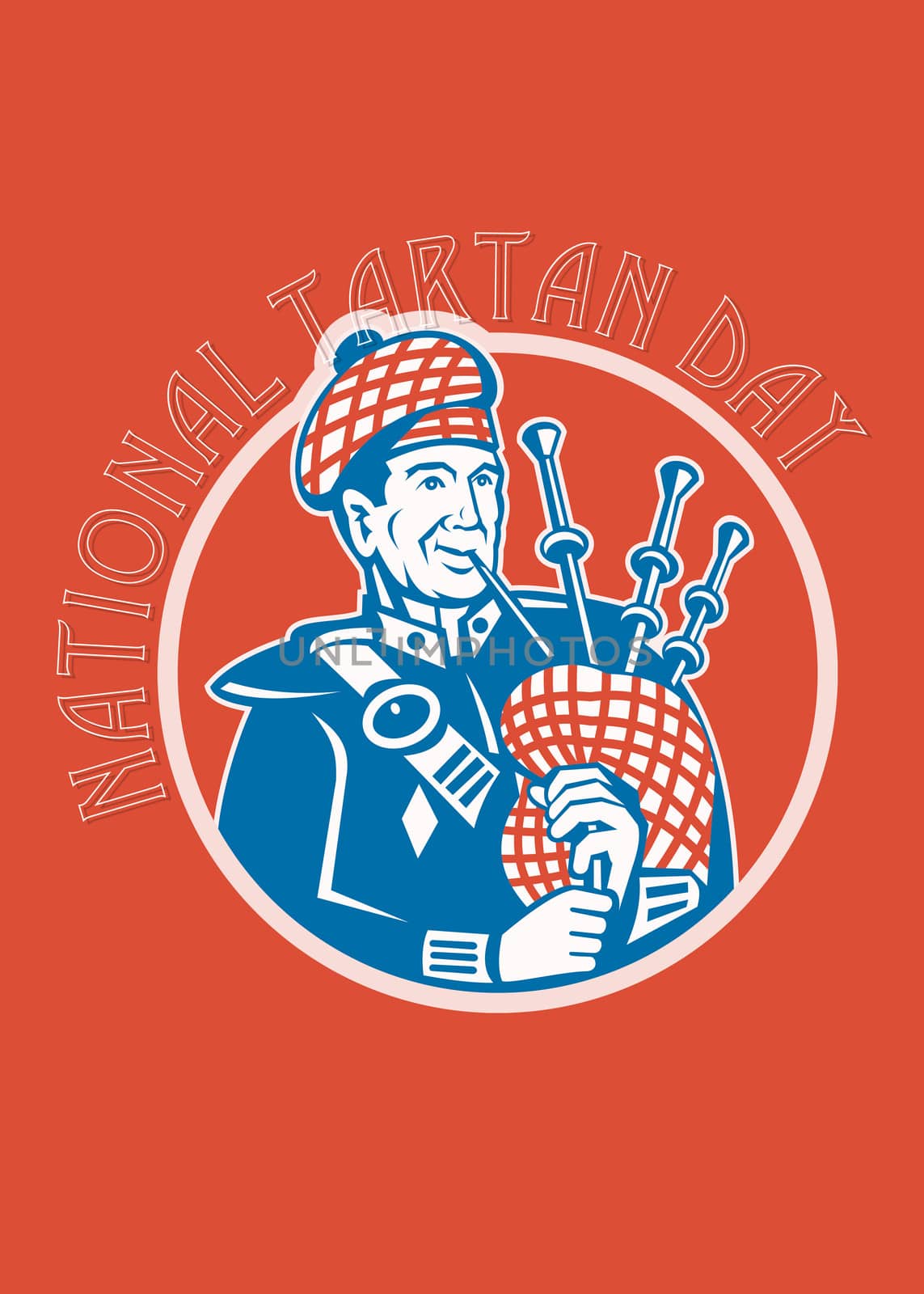 Greeting card poster showing illustration of a Scotsman Scottish bagpiper player with bagpipes set inside circle done in retro style with words National Tartan Day.