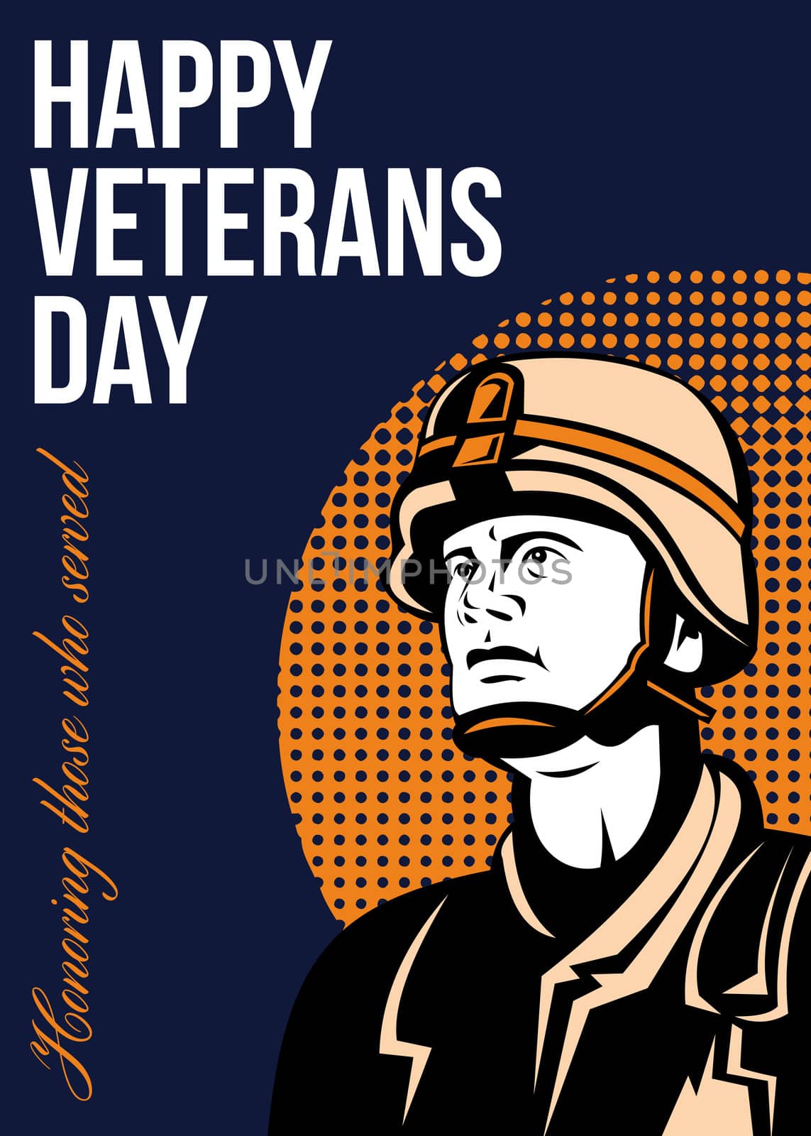 Greeting card poster showing illustration of an American soldier military serviceman looking forward set inside circle with words Happy Veterans Day honoring those who served.