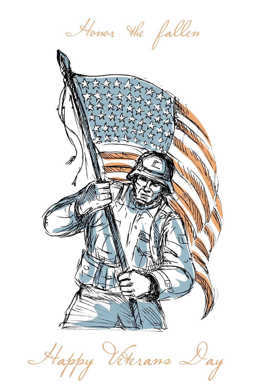 Greeting card poster showing hand drawn sketch illustration of an American soldier in full battle gear carrying stars and stripes flag with words Happy Veterans Day.