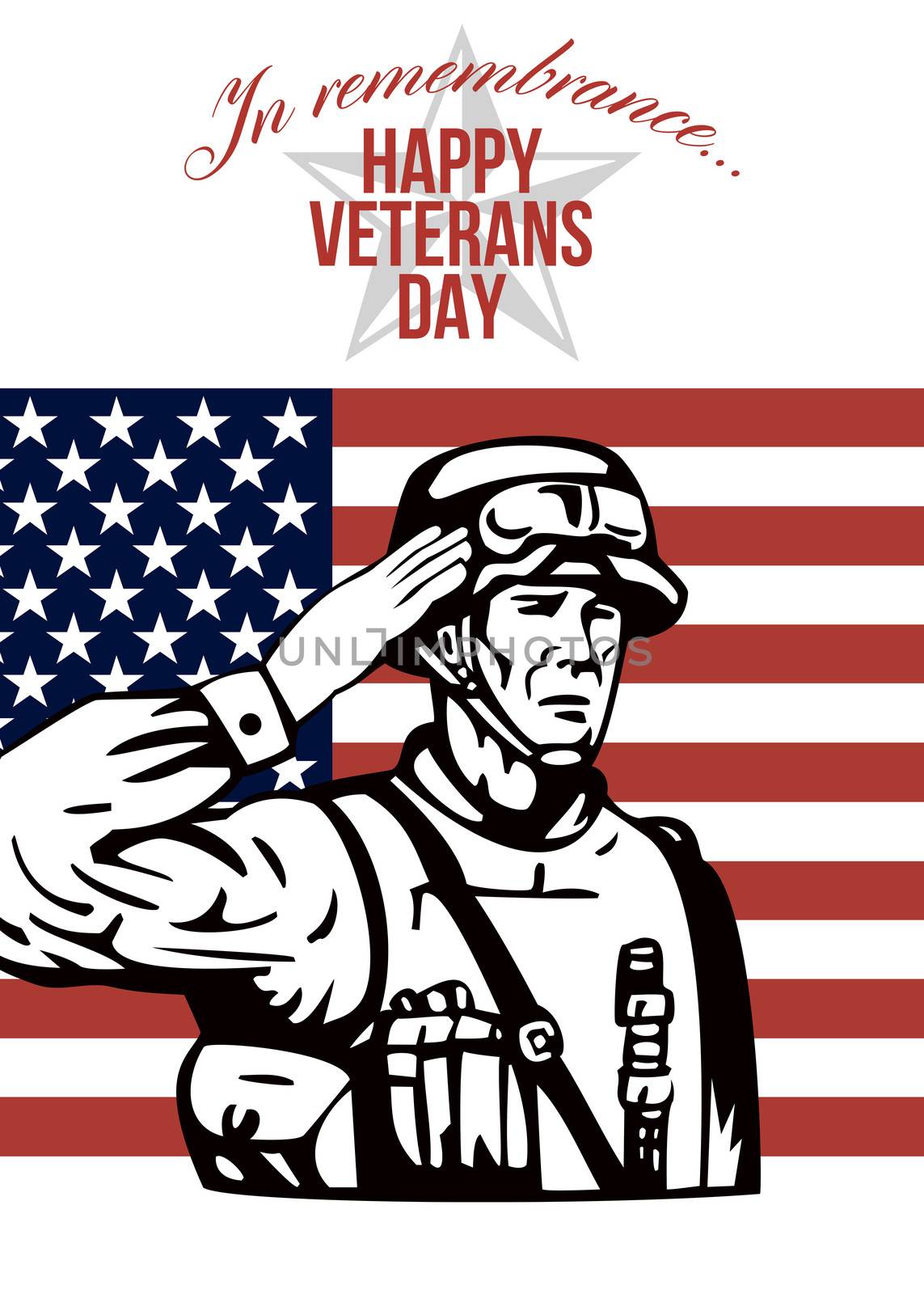 Greeting card poster showing illustration of an American soldier serviceman saluting with stars and stripes flag in background Happy Veterans Day.