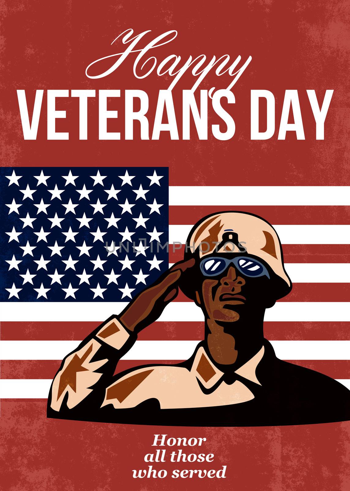 Greeting card poster showing illustration of an African American soldier serviceman saluting with stars and stripes flag in background Happy Veterans Day honor those who served.