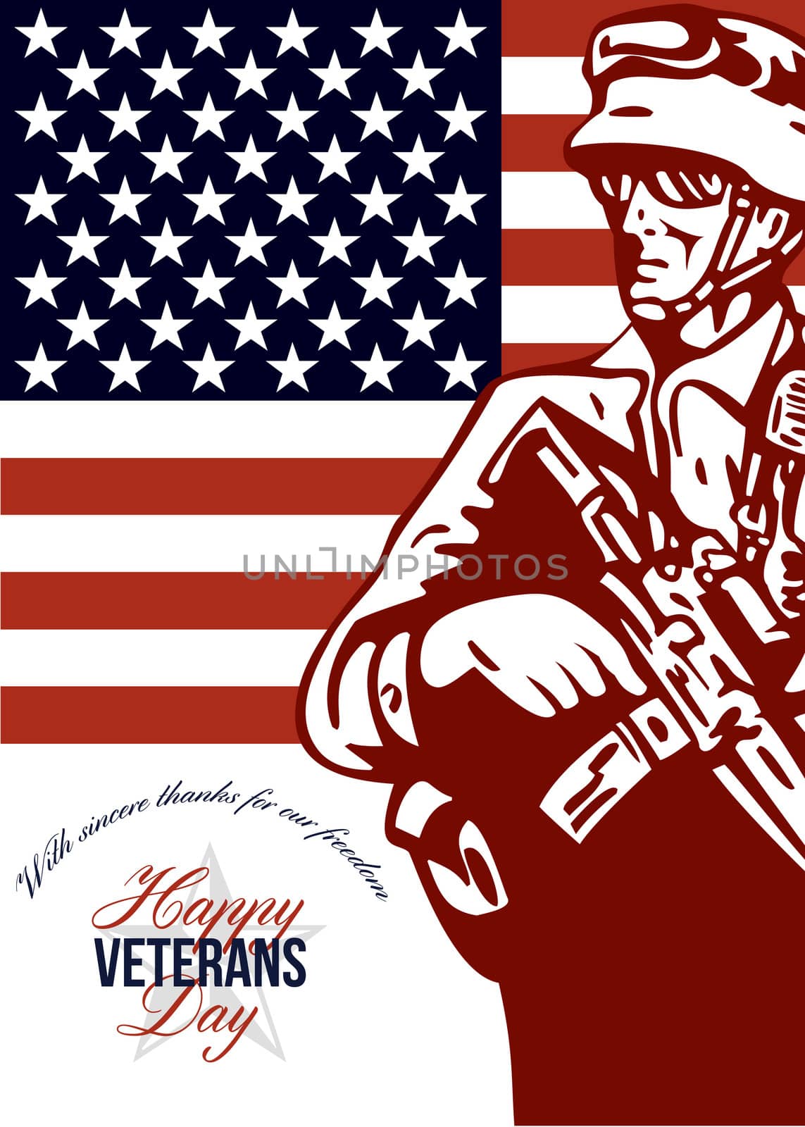 Greeting card poster showing illustration of an American soldier serviceman carrying armalite rifle with stars and stripes flag in background with words Happy Veterans Day