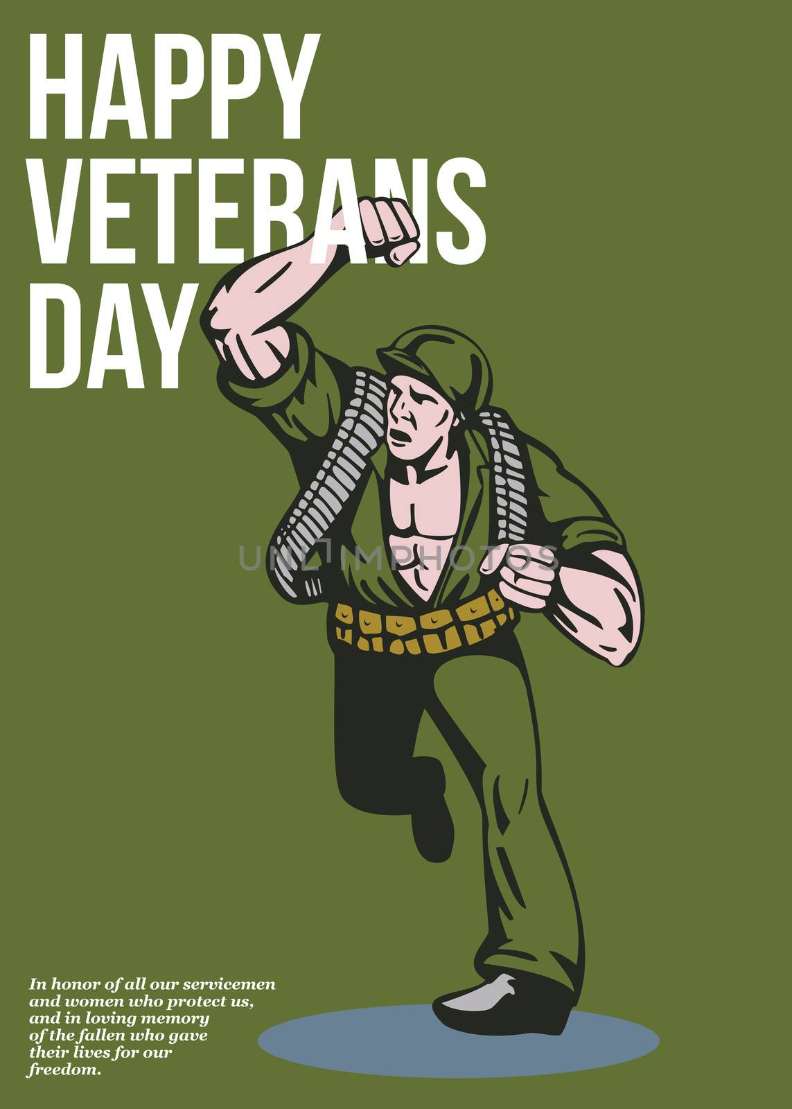 Greeting card poster showing illustration of a world war two soldier running punching done in retro style with words Happy Veterans day.