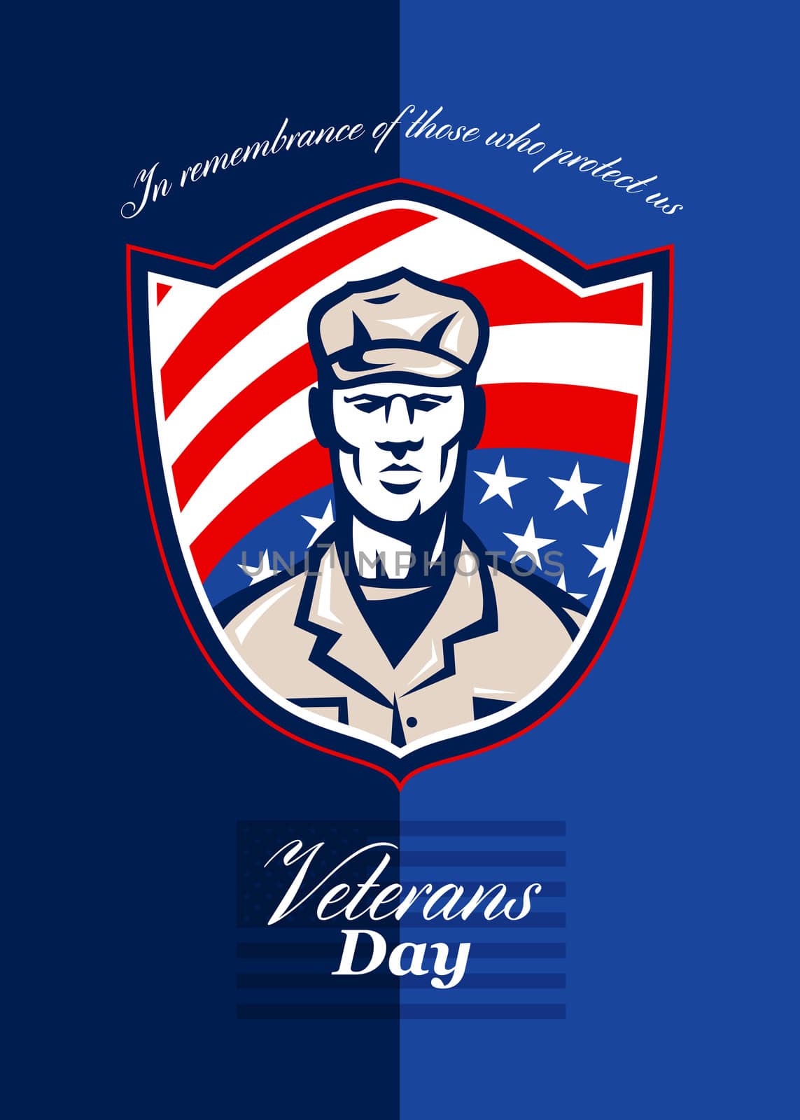 Greeting card poster showing illustration of an american patriot soldier facing front with stars and stripes flag set inside shield done in retro style with words Veterans Day.