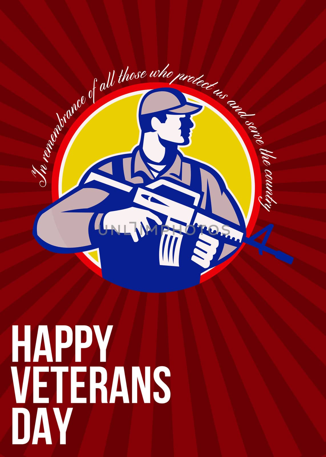 Greeting card poster showing illustration of an American soldier serviceman with assault rifle looking to side set inside circle with words Happy Veterans day.