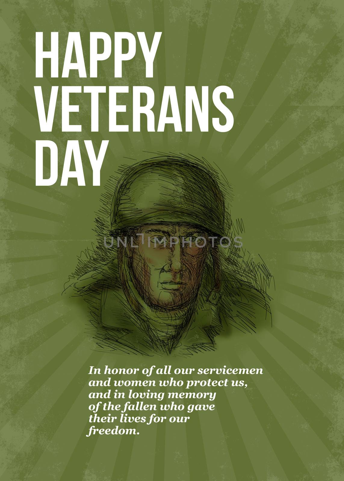 Greeting card poster showing hand sketched illustration of a world war two soldier facing front in retro style with words Happy Veterans day.