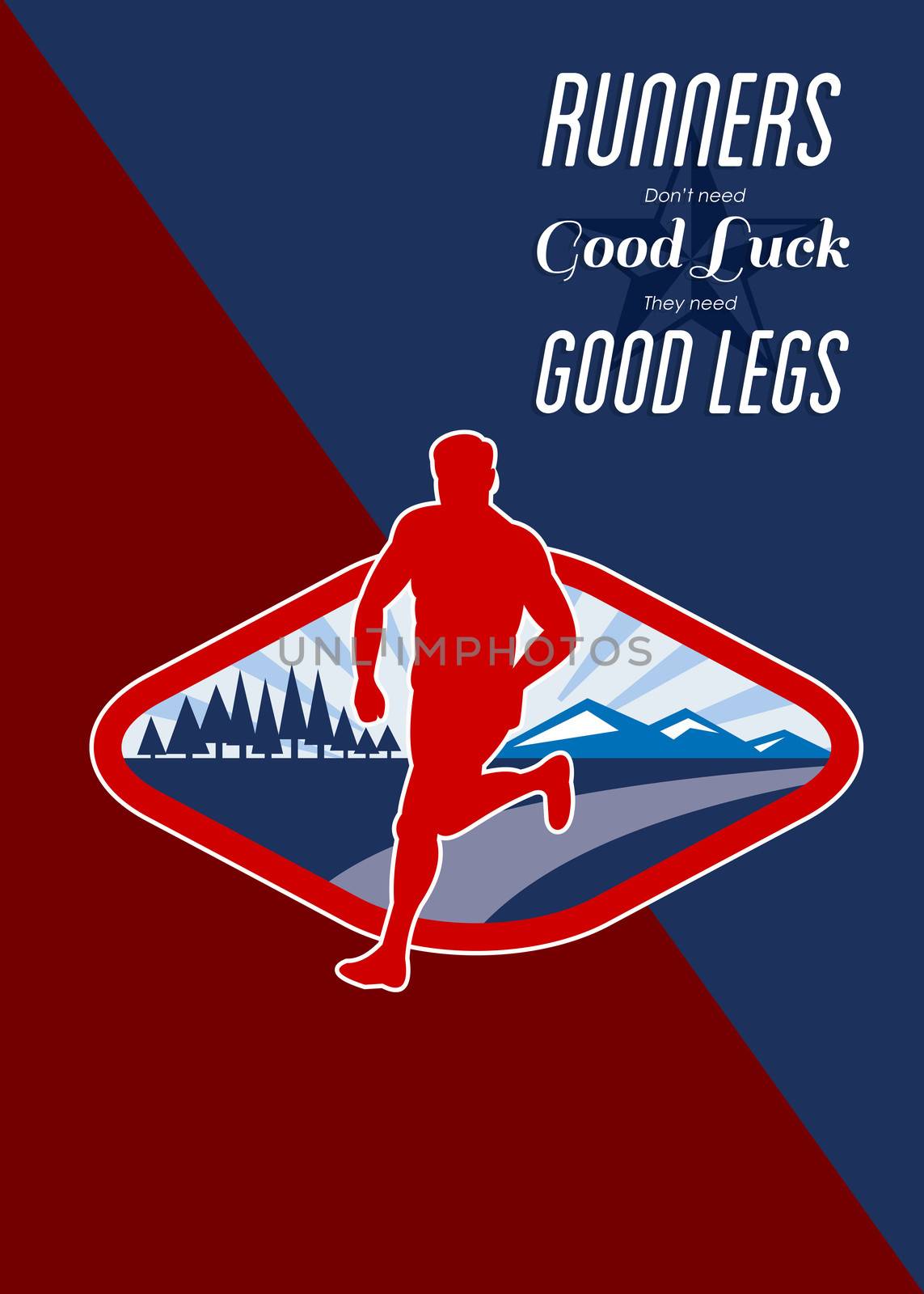 Poster greeting card illustration showing a Cross country runner with landscape and sunburst with words Runners don't need good luck, they need good legs.