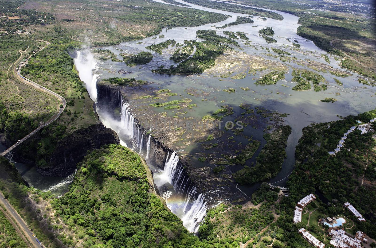 The Victoria Falls from air in Zimbabwe.