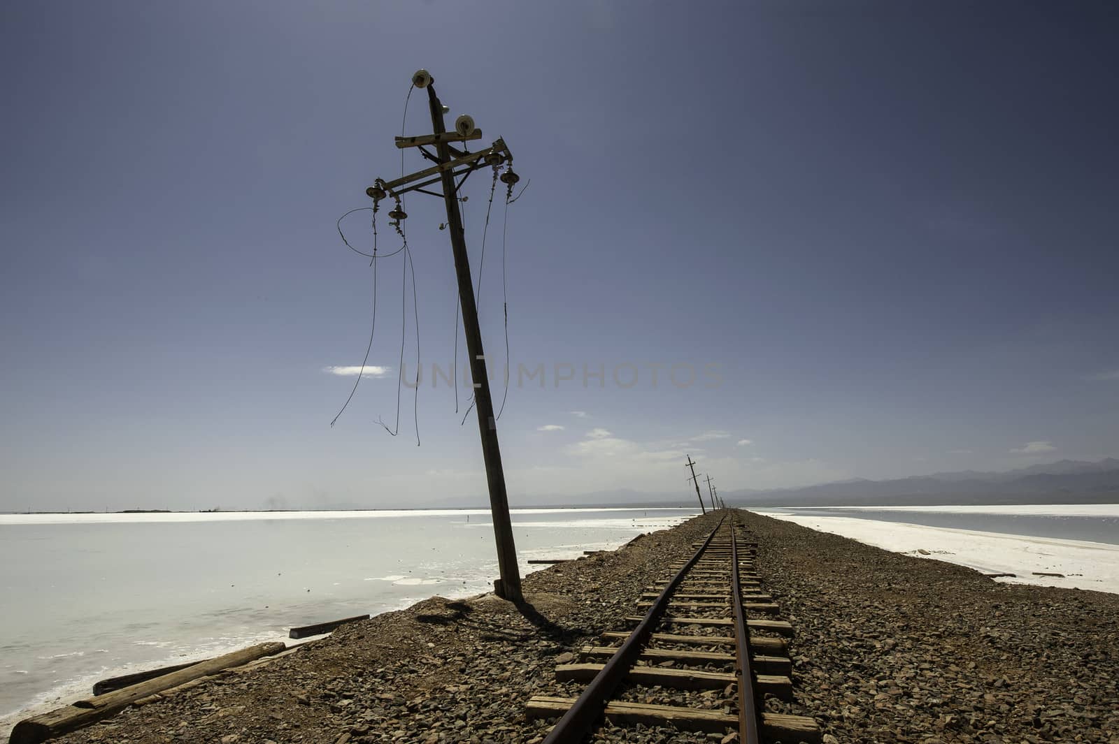 The tracks of railroad in Chka salt lake of Qinghai, China.