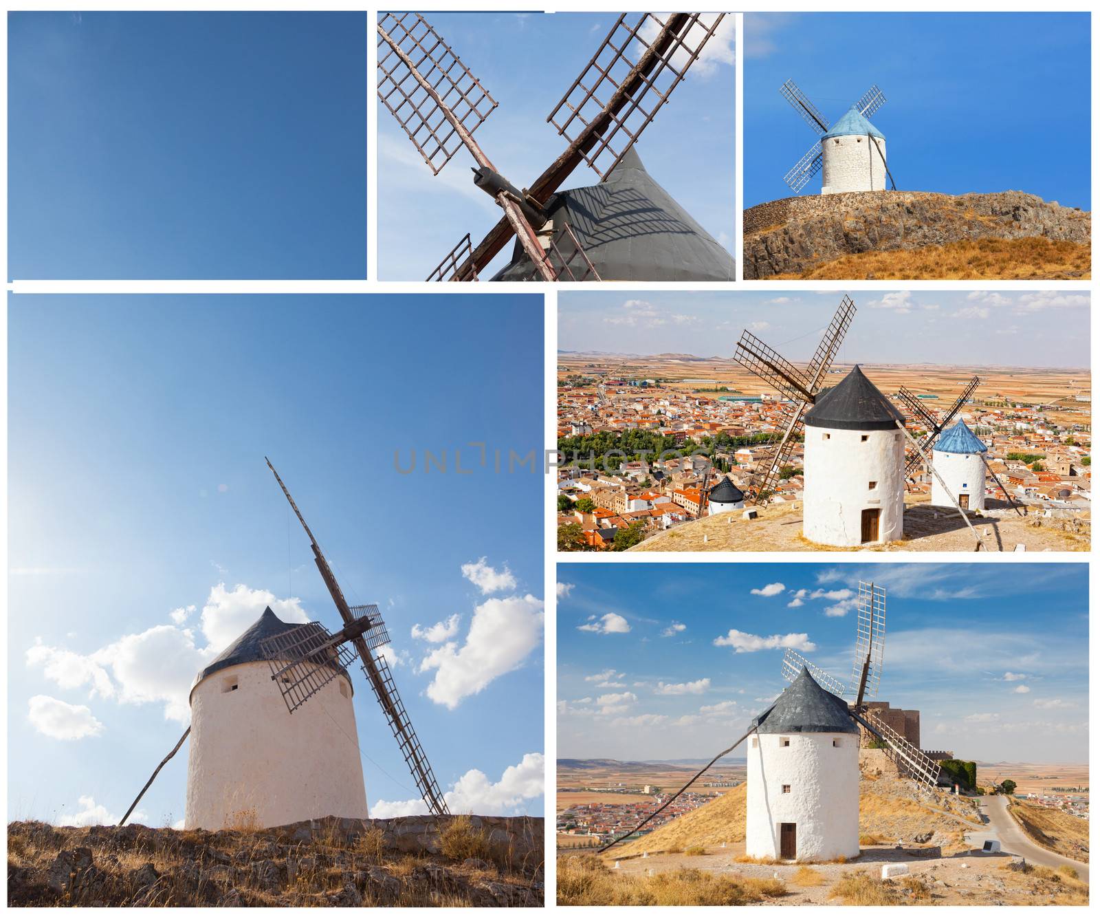 Set of photos with windmills, Consuegra, Spain by elena_shchipkova