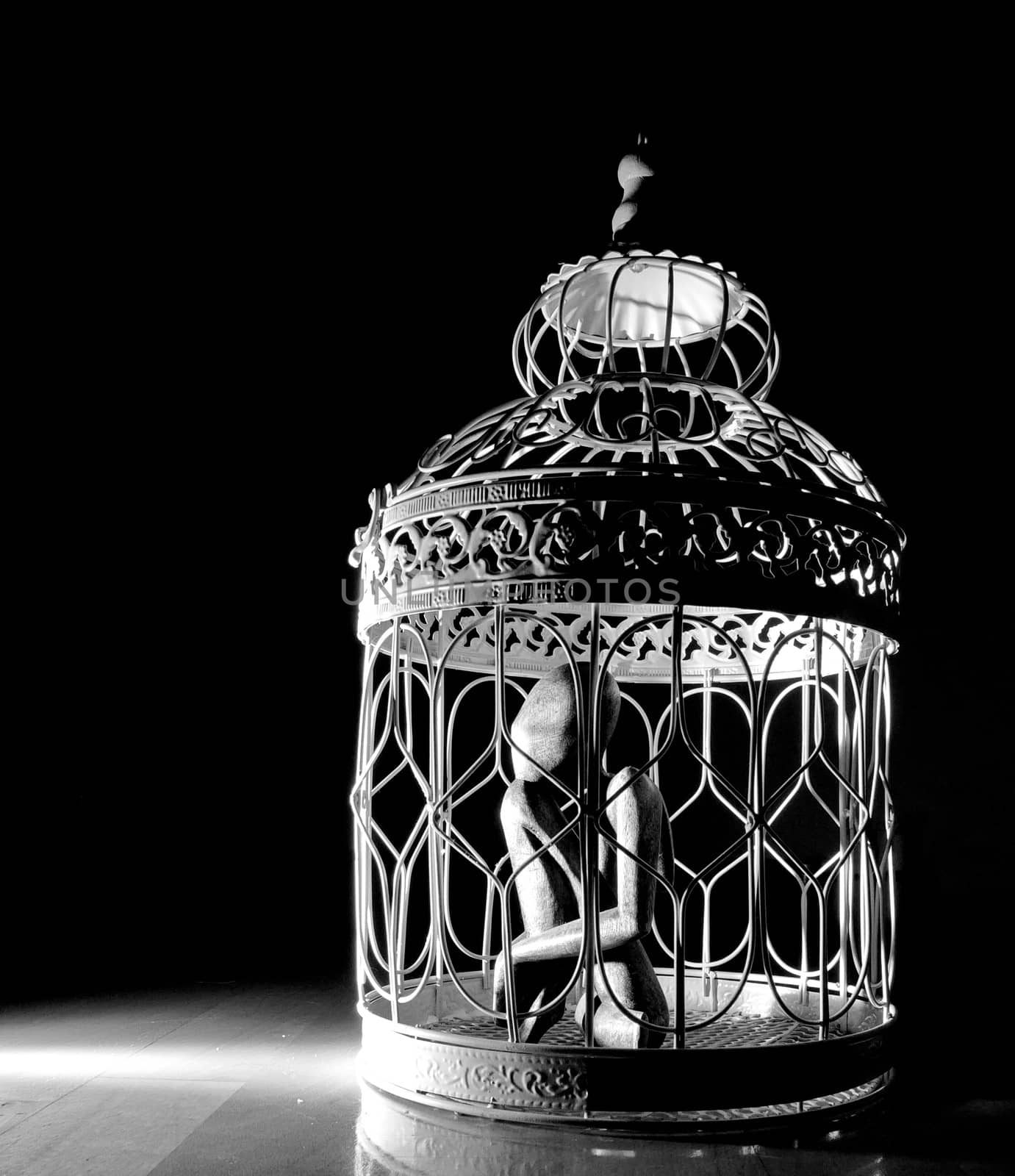Wooden figurine in a cage