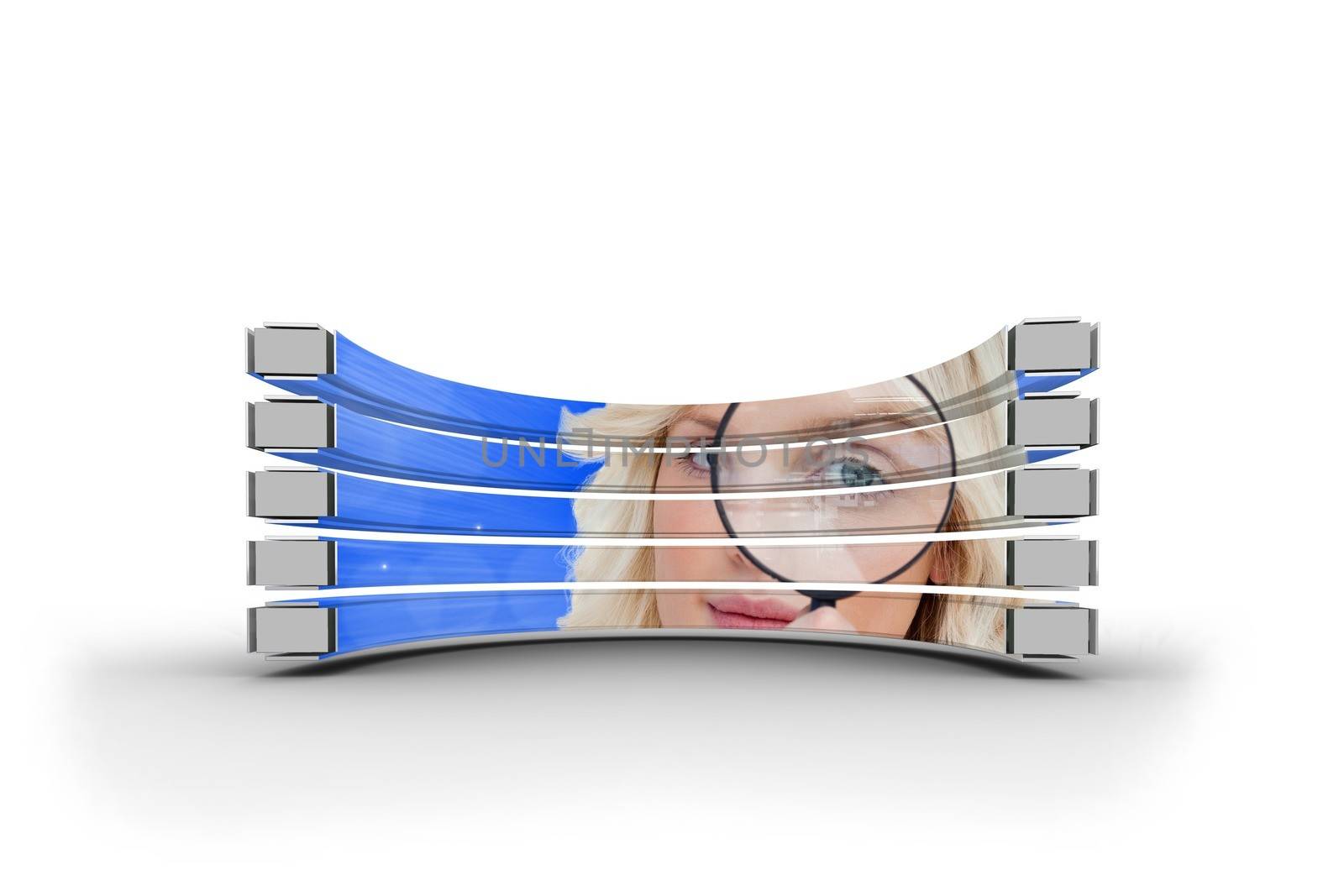 Blonde with magnifying glass on abstract screen