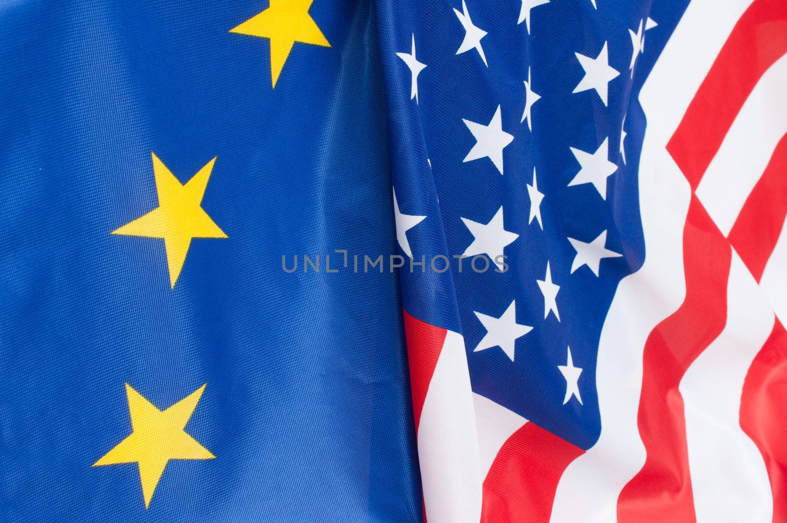 Closeup of Flags of USA and European Union