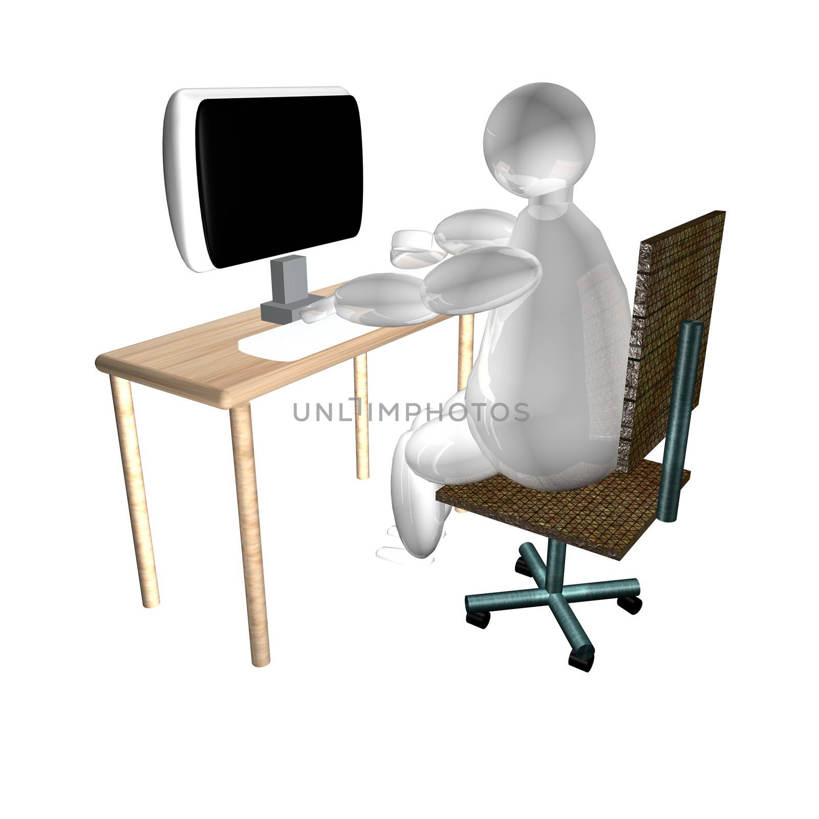 Puppet working at computer, isolated over white, 3d render