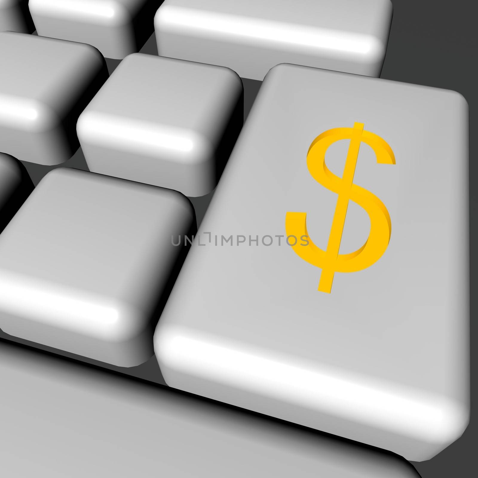 Dollar symbol over big key on a keyboard, 3d render