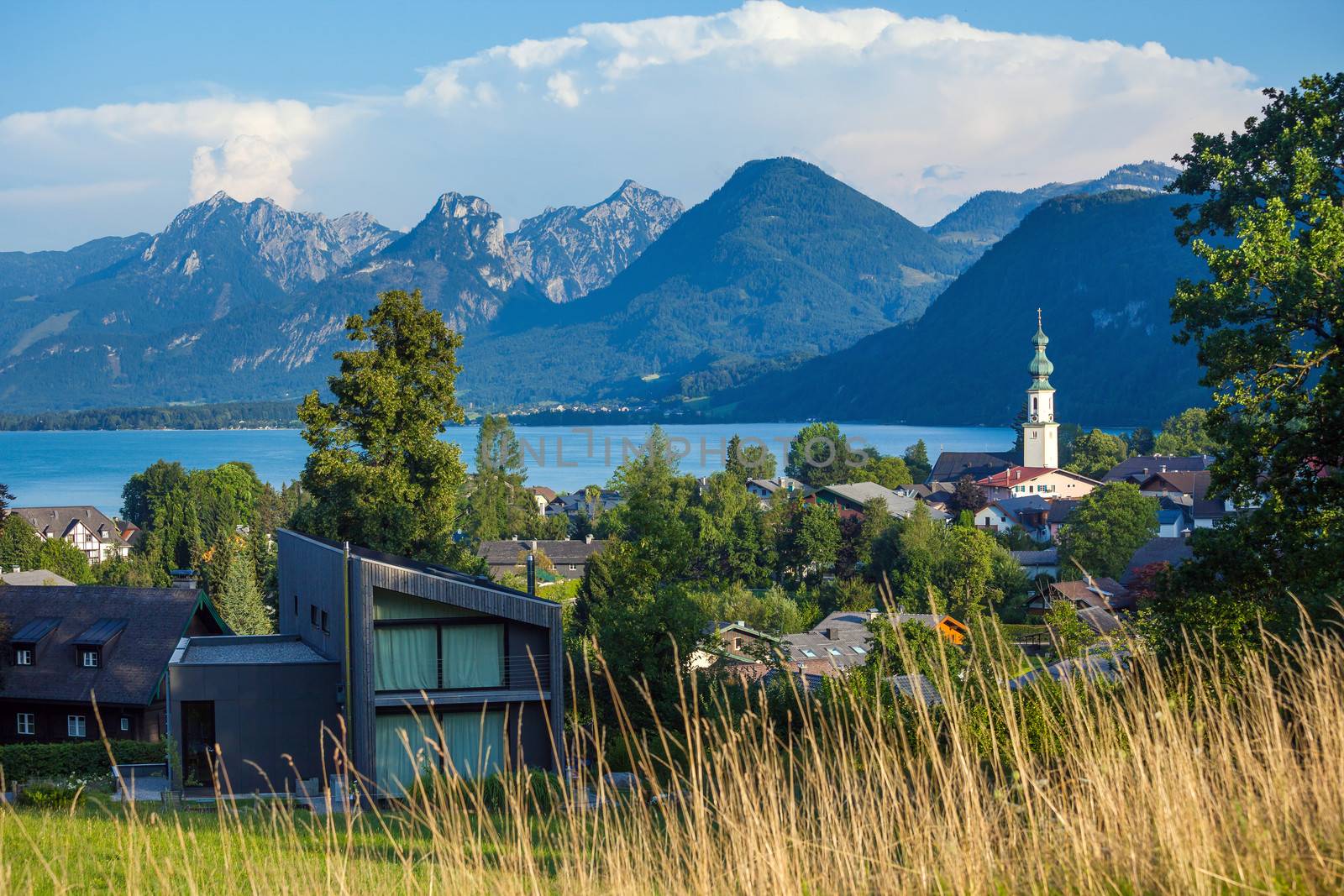 St. Gilgen and Wolfgang See lake with Sparber and Bleckwand peaks, Alps mountains, Austria