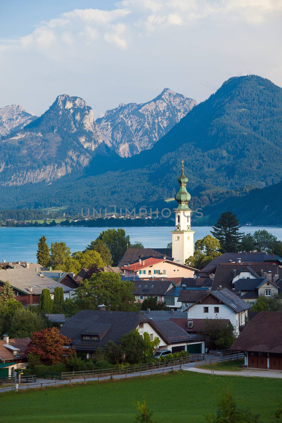 St. Gilgen and Wolfgang See lake with Sparber and Bleckwand peaks, Alps mountains, Austria
